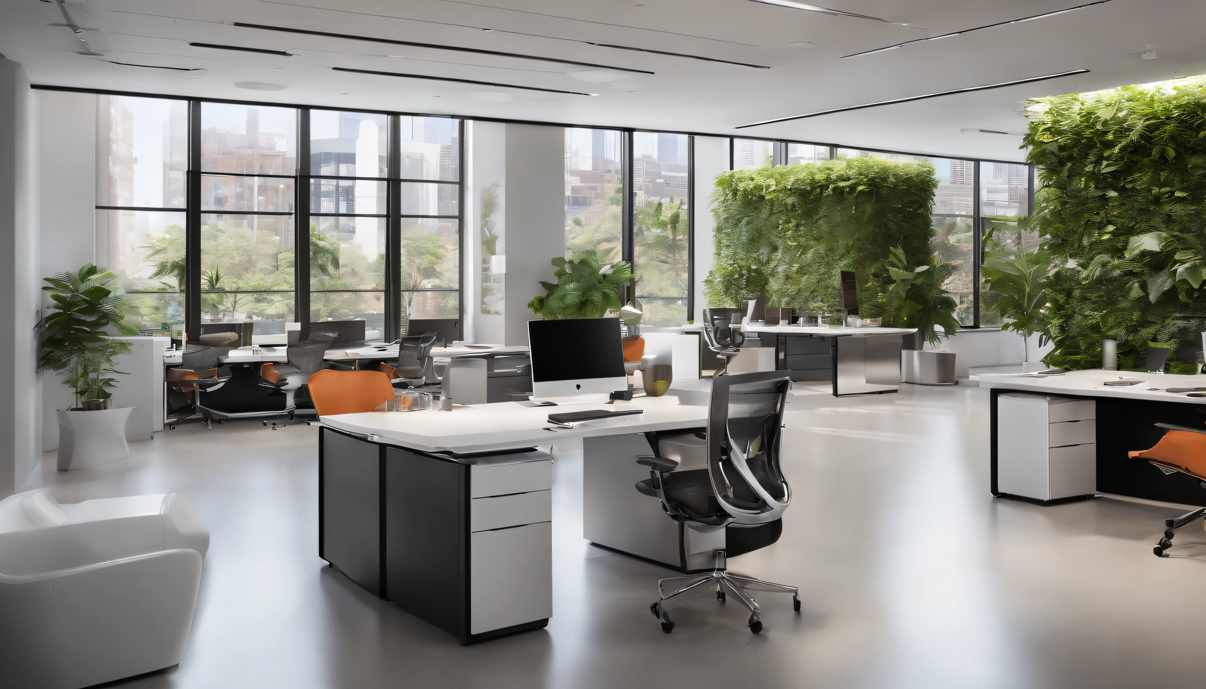 In this vibrant office scene, a creative and futuristic workspace comes to life. The walls are adorned with large, colorful murals depicting tech-inspired artwork, adding a dynamic and energetic feel to the space. Sleek and modern desks are neatly arranged, each equipped with state-of-the-art computer monitors and ergonomic chairs. The room is bathed in natural light, streaming in through large windows, creating a bright and inviting atmosphere. The floor is polished and reflective, adding a touch of sophistication to the overall design. The office is buzzing with activity, as employees collaborate and brainstorm ideas at communal workspaces. Whiteboards and glass walls are filled with sketches, notes, and diagrams, showcasing the innovative and creative nature of the work taking place. The office is teeming with high-tech gadgets and equipment, from virtual reality headsets to cutting-edge 3D printers, demonstrating the forward-thinking and tech-savvy nature of the environment. Plants and greenery are strategically placed throughout the office, adding a touch of nature and tranquility to the space. The overall ambiance is one of creativity, collaboration, and excitement, making it the perfect backdrop for any IT-related activity. This office is a true representation of a modern, creative, and innovative workspace.