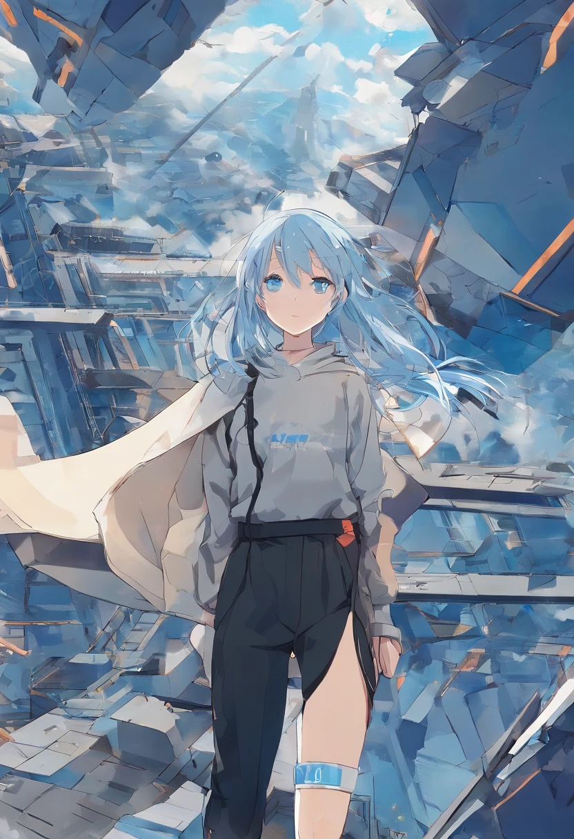 Ark of Tomorrow,a beauty girl,The figure stands on the roof,Long blue hair blown up by the wind,Wear a sweatshirt,There are black leg loops on the legs,Blue eyes,Look down at the camera in your hand,Low saturation,The viewing angle is heads-up,A scene seen from a distance,A little wasteland,Extremely high level of detail,Rich in detail,It was drizzling,