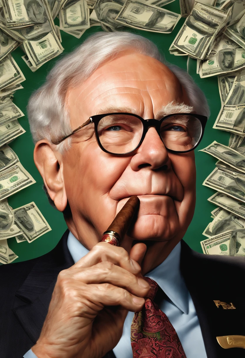 warren buffet with a cigar in a mount of money