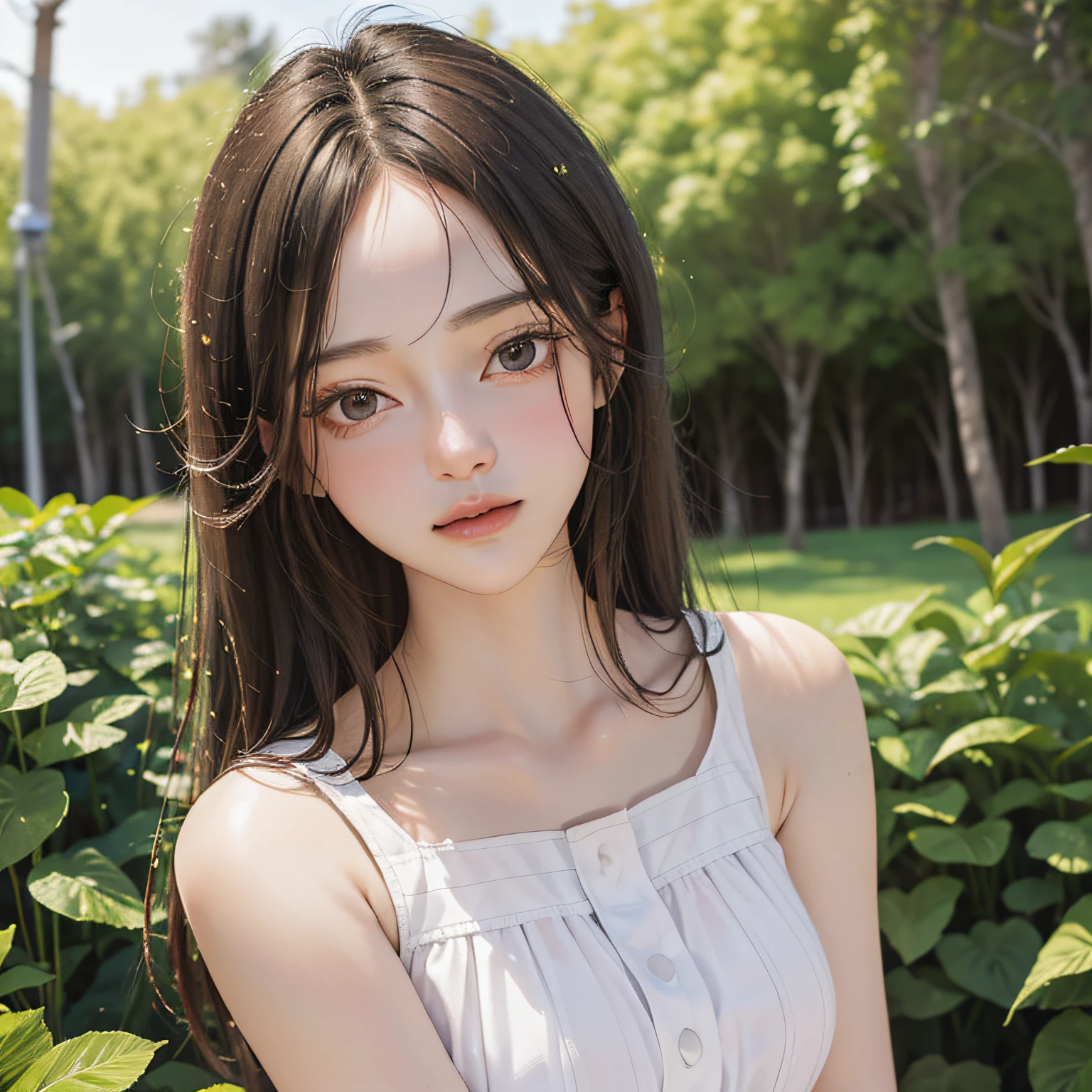 (best quality,4k,highres,masterpiece:1.2),ultra-detailed,realistic:1.37,portrait,digital painting,girl in a garden,beautiful detailed eyes,beautiful detailed lips,expressive face,long eyelashes,shy smile,peaceful atmosphere,soft sunlight filtering through the trees,fresh floral scent,subtle breeze,rustling leaves,green grass and colorful flowers surrounding her,serene expression,relaxed posture,slender figure,slightly tilted head,sparkling brown eyes,smooth and flawless skin,simple yet elegant clothing,gentle and delicate colors,harmonious color palette,natural lighting with warm tones,romantic and dreamy ambiance.