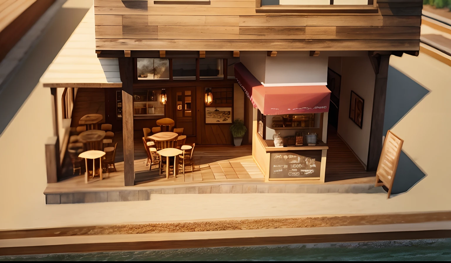 "cafe scene with warm lighting, cozy atmosphere, a cup of coffee, latte art, rustic wooden tables, natural sunlight, people enjoying conversations, relaxed vibe"