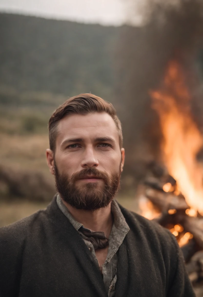a man with a beard standing in front of a fire, um retrato, Shutterstock, arte digital, cena de filme de guerra, robusto e sujo, 8 K HDR filme ainda, foto colorida premiada, Martyrdom, ator, queima de filme, Foto de Stock