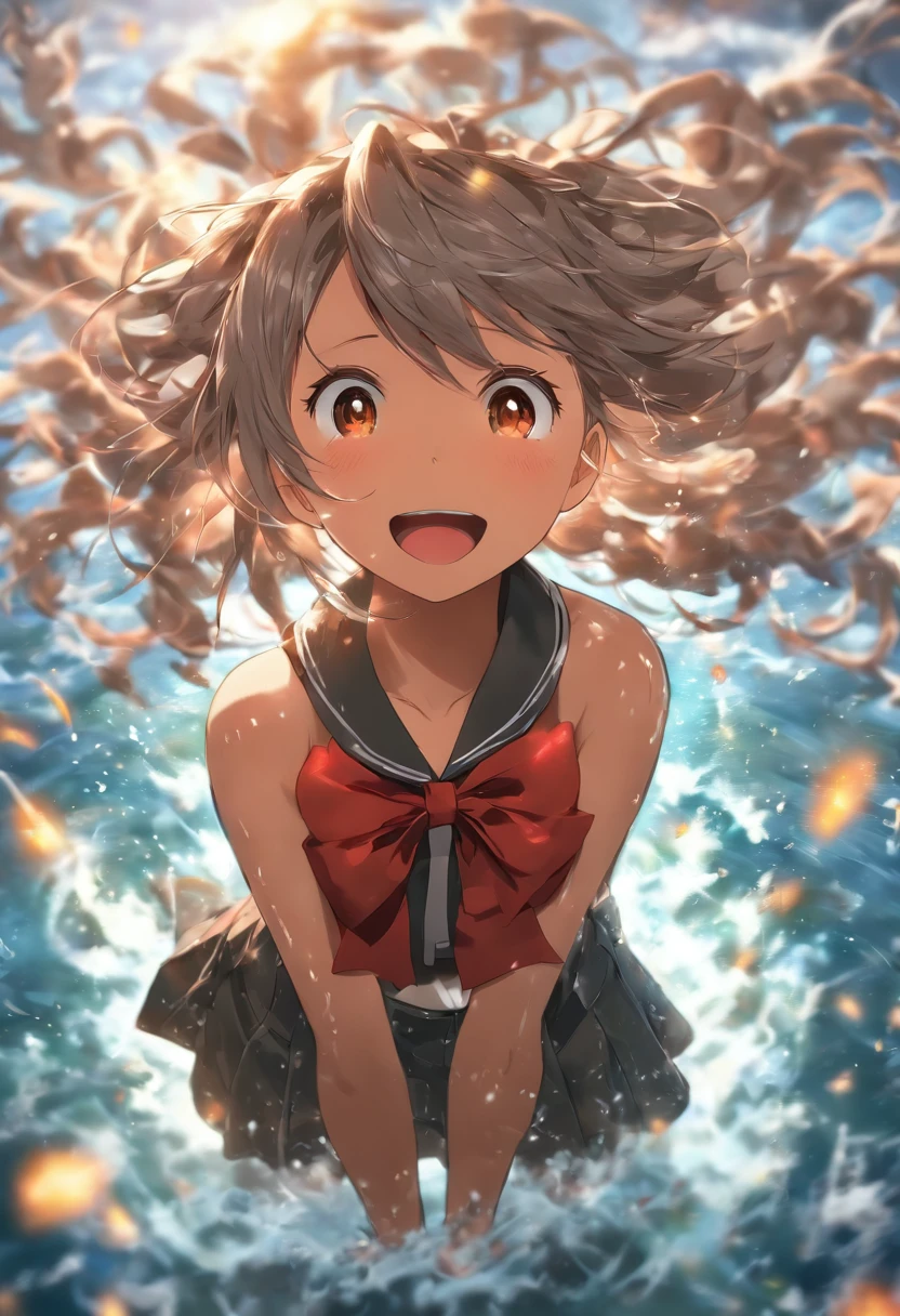 Best quality, A high resolution, absurderes, Ultra-detailed, Suzuya_(kancolle), 1girll, Long_Hair, Skirt, Solo, shirt, rain, Wet_clothes, Hair_decorations, Wet, Breasts, underwear, pleated_Skirt, See-through, neck bowtie, Red_bow，Soaked clothes all over