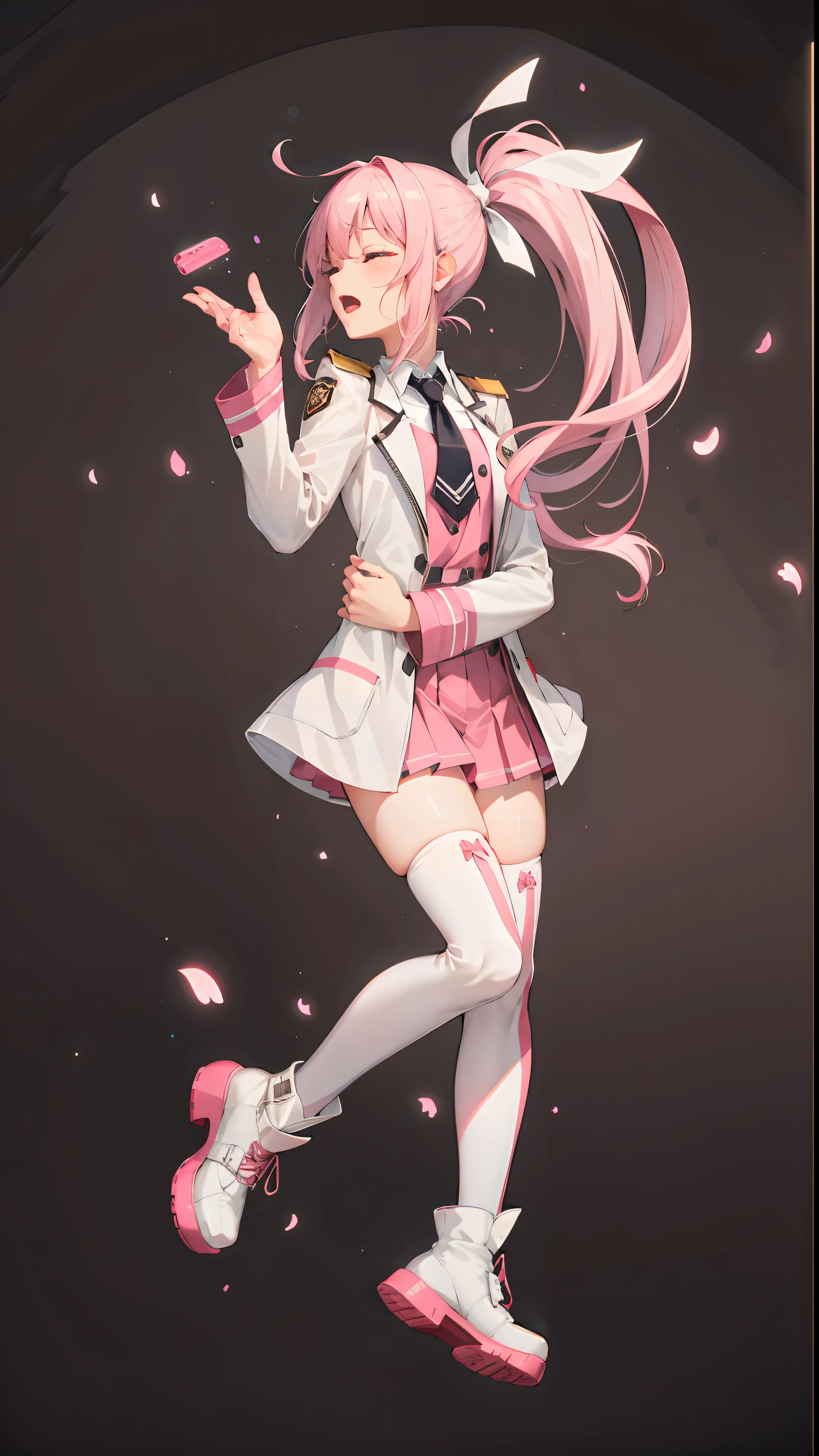 (Masterpiece:1.2), (Best quality:1.2), Highly detailed, Amazing, finedetail, Extremely detailed Cg Unity 8K wallpaper, score:>=60, Beautiful detailed eyes, Fine hair texture, Cute face, Beautiful Meticulous Girl, Extremely detailed eyes and face, Bright eyes,quickhands ,Shouju , The detailed hand, Slender beautiful legs, Cinematic lighting, Cowboy shot, 1girll, , Closed mouth, Pink hair, pony tails, Closed eyes, white hair ribbon, White coat, uniform , (pauldrons:1.2), pink necktie, Pink dress, Pleated skirt, White knee boots, Teal theme,