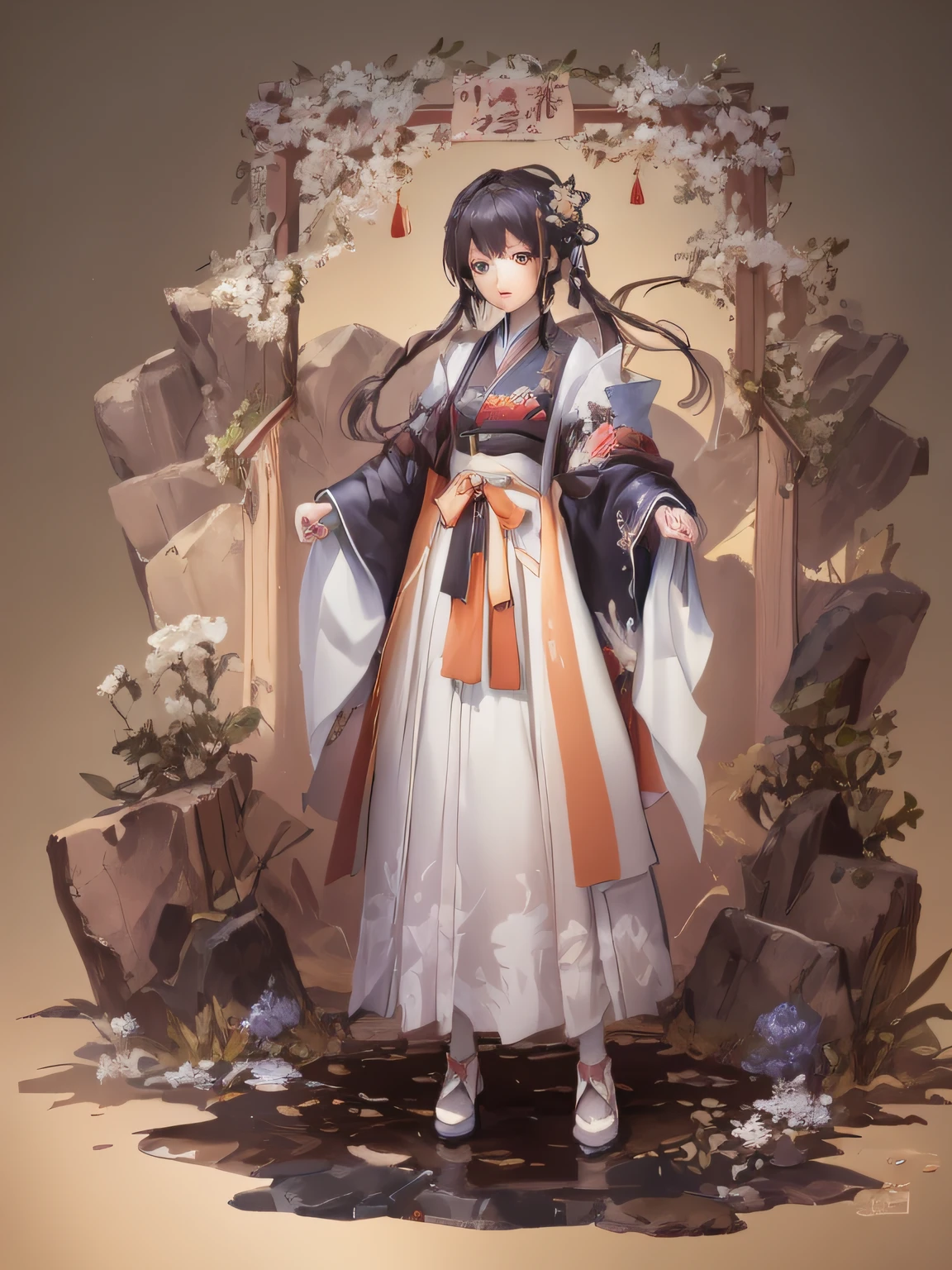 An anime character standing in front of a stone arch dressed in traditional Japanese costume, Palace , A girl in Hanfu, Onmyoji detailed art, onmyoji, Beautiful character painting, flowing magical robe, traditional japanese concept art, onmyoji portrait, lunar themed attire, dressed with long fluent clothes, inspired by Ma Yuanyu, White Hanfu, From Arknights