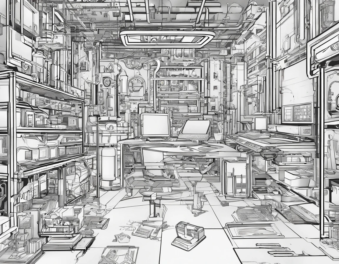 ・ A cyberpunk man with a cartoon touch in the middle、Make the most of the margins of the screen to place cyberpunk and other items reminiscent of a technical high school。Make each line clear so that it is easy to clear later
・ Color is black and white grayscale、In a cartoonish style to clarify the lines