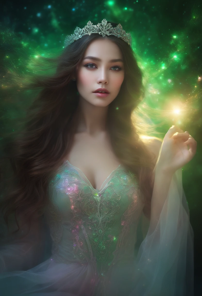 NSFW,4K Ultra HD, masutepiece, Girl with a magical aura, Good face, Long hair, shinny hair, Detailed eyes, Glossy lips, Wearing a lace dress, see -through、Aura around the body, magical effect, Green and pink light spreads, Cosmic elements and ethereal atmosphere, Combination of bright light and colorful nebula, universe background, Sitting, Full body capture.
