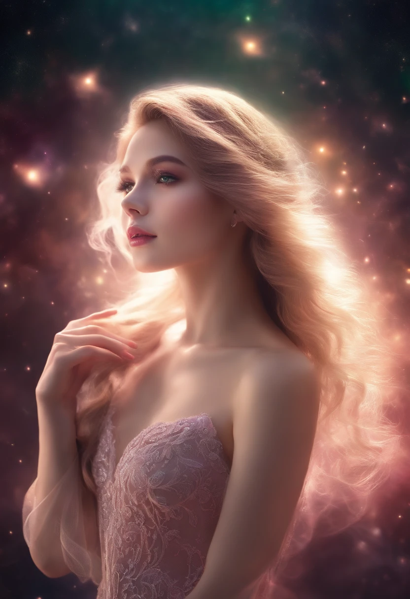 NSFW,4K Ultra HD, masutepiece, Girl with a magical aura, Good face, Long hair, shinny hair, Detailed eyes, Glossy lips, Wearing a lace dress, see -through、Aura around the body, magical effect, Green and pink light spreads, Cosmic elements and ethereal atmosphere, Combination of bright light and colorful nebula, universe background, Sitting, Full body capture.