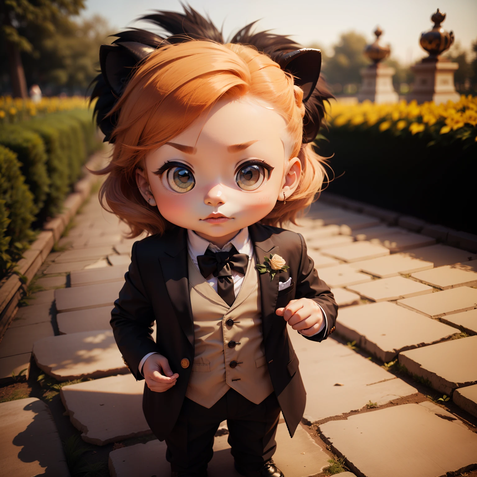 Cute Lion Baby Chibi Anime,(((Chibi 3D))) (Best Quality) (Master Price)、Chibi Lion、tailcoat、Have red roses、Royal Botanic Gardens with roses、Standing、A detailed face