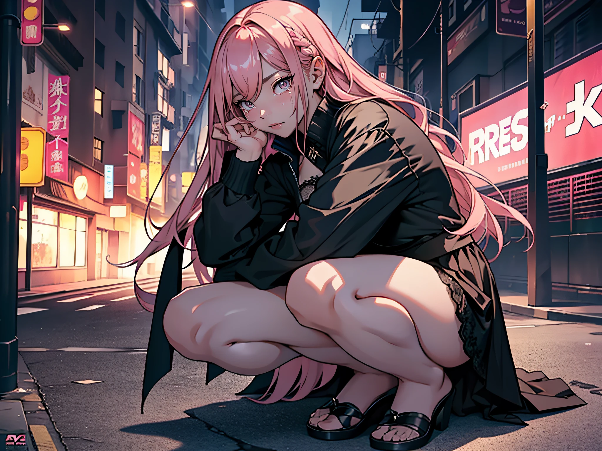 1womanl，Pink Long Hair，grievance，streaming tears，Black lace skirt，Long legs，squatting on the ground，whole body display，Streets and alleys，Dark background (tmasterpiece)、(Best Picture Quality)、8k、high detal、hyper-detailing