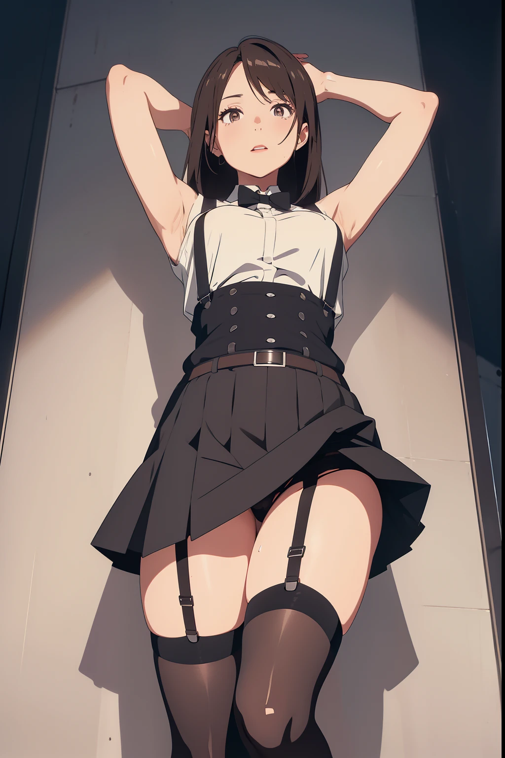 Black skirt, 　suspenders, Brown hair Gray eyes, Garter belt on the legs, Tight clothes, 　　 a belt　Armpit sweat　　Tight look　Moderate breasts