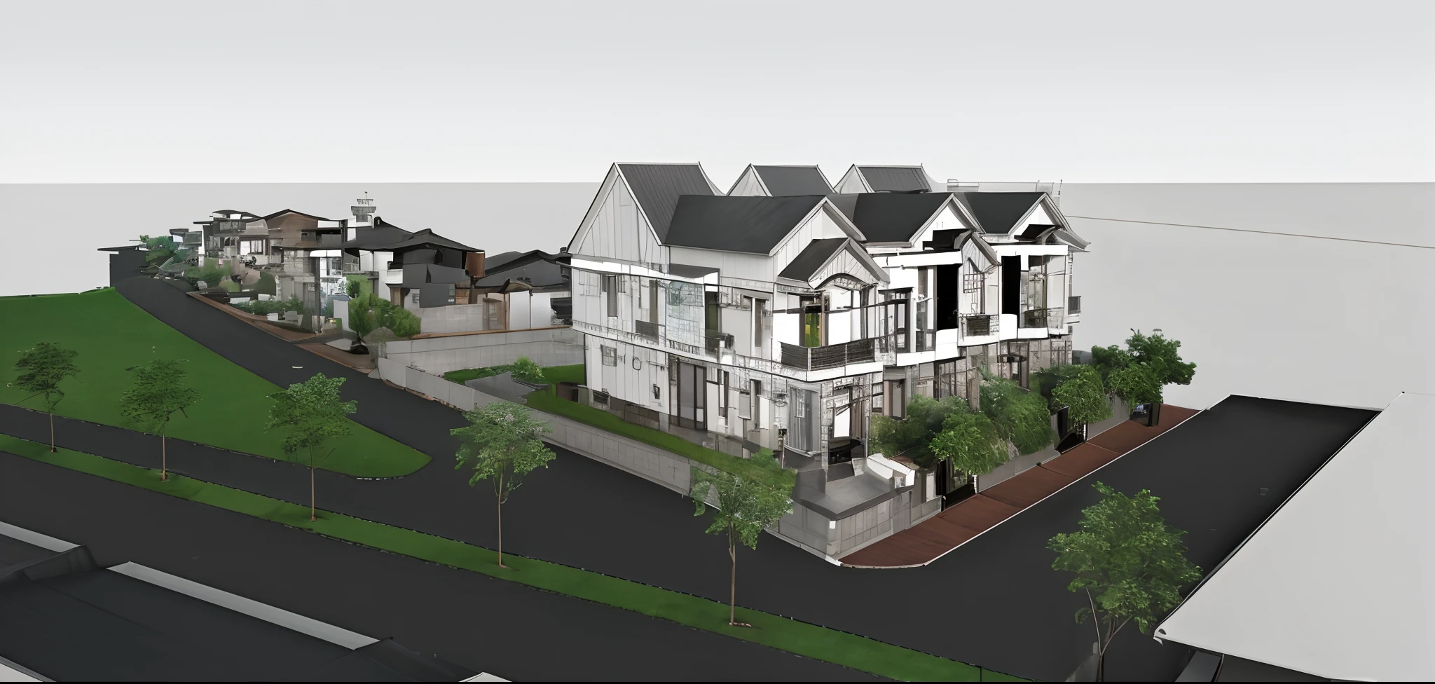 a rendering of a house with a lot of windows and a lot of trees, perspective view, detailed renderings, neotraditional modern, detailed rendering, architectural rendering, conceptual rendering, 3 d perspective, mixed development, zoomed out view, front elevation view, 3 / 4 view, architectural render, 3/4 view, exterior design, wide angle exterior 2022