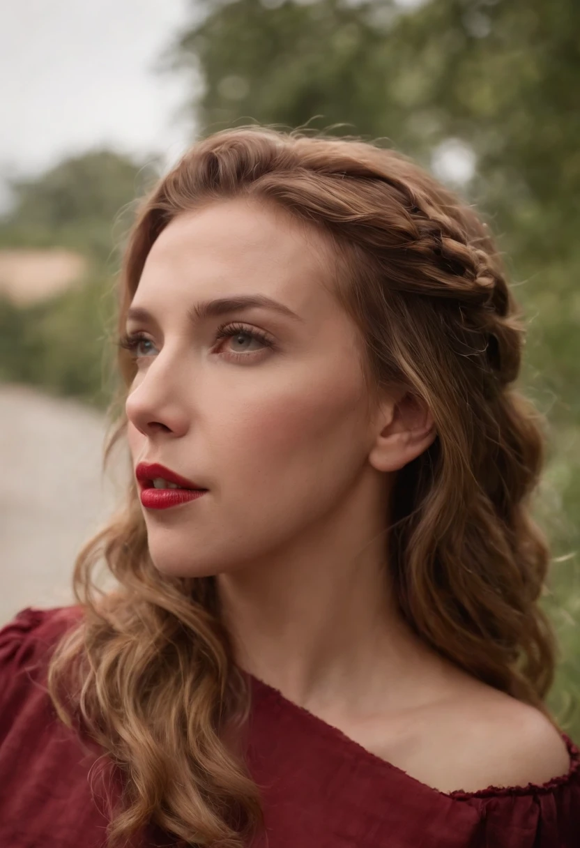 rapariga ucraniana parecida com scarlet johansson, loira, olhos verdes, baton vermelho, suada, chocker