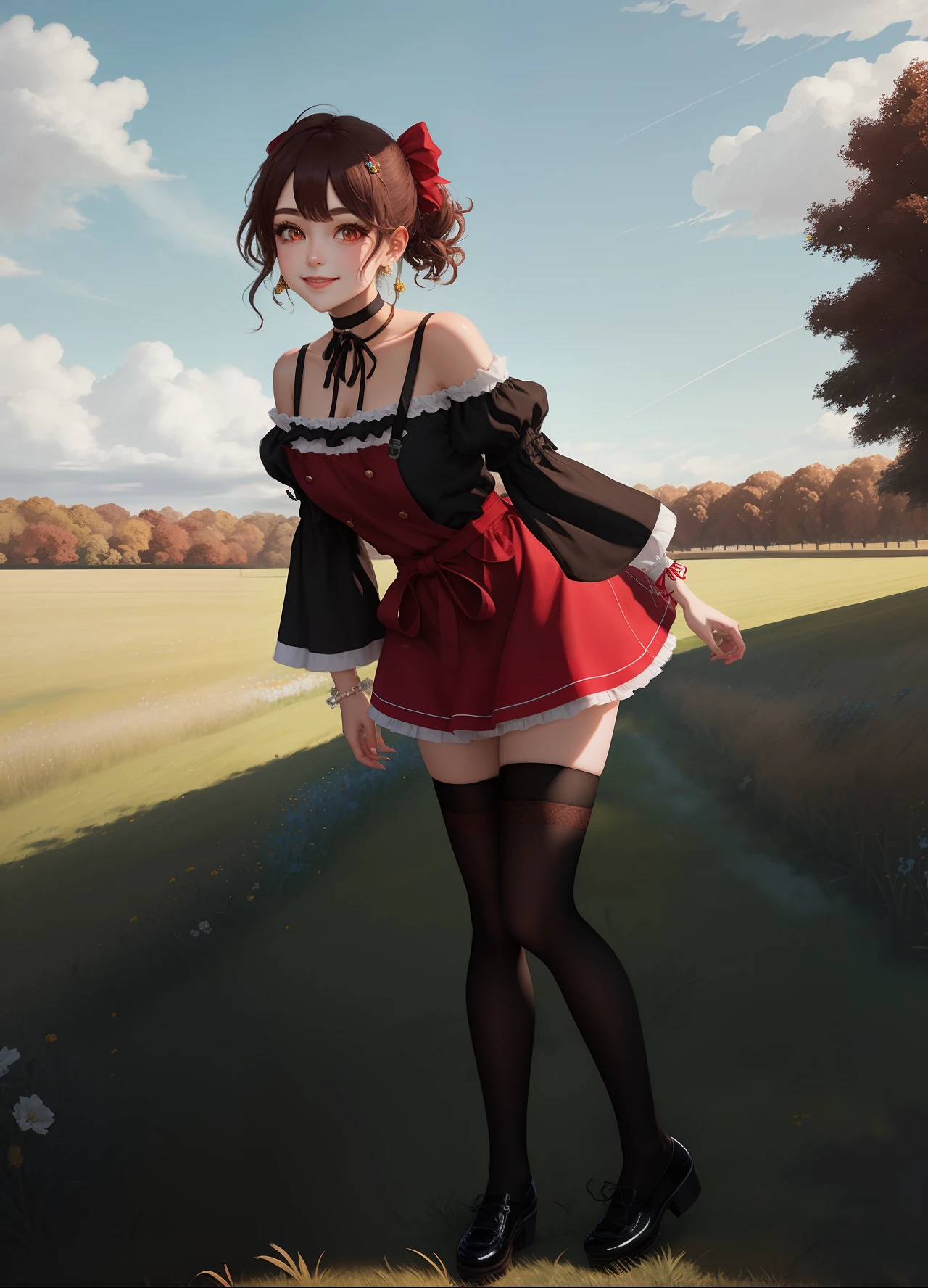 masterpiece, best quality, eishin flash \(umamusume\),sketch,oil painthing, jewelry eyes, glowing eyes, smile, hair ornament, ear ribbon, white scrunchie, german clothes, frills, red choker, bare shoulders, black sleeves, wide sleeves, frilled sleeves, long sleeves, detached sleeves, shirt, dirndl, bodice, brown belt, white apron, waist apron, vertical-striped skirt, red skirt, frilled skirt, zettai ryouiki, black thighhighs, mary janes, blue footwear, arms behind back, leaning forward, Under the refreshing sky, Standing on the grass,