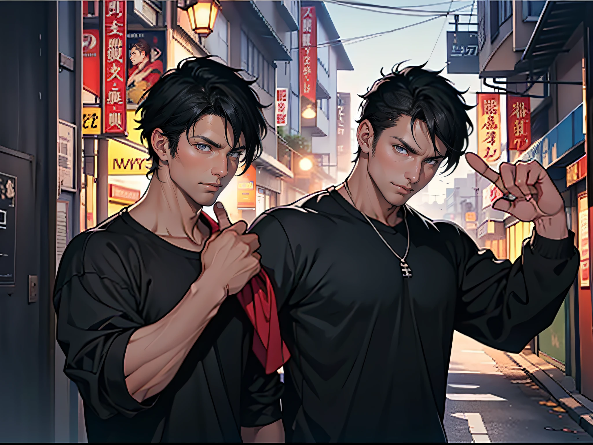 1 handsome man，with short black hair，vred，bellow，leisure wear，Point to each other，whole body display，Streets and alleys，Dark background， (tmasterpiece)、(Best Picture Quality)、8k、high detal、hyper-detailing