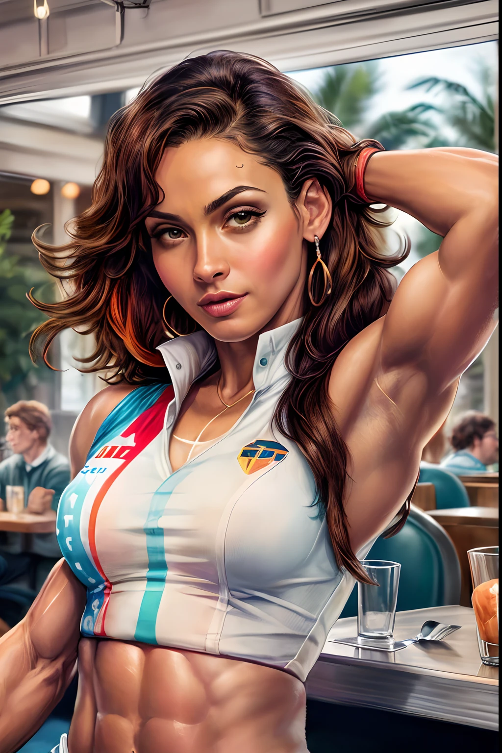 (((mulher))), (((melhor qualidade))), (((obra prima))), (((adulto))), (((1girl))), ((( corte de cabelo bob ))), Uma gladiadora cyberpunk mulher de 25 anos com corpo perfeito, shoulder pads with metal spines, Gladiadores do Brooklyn, (( corte de cabelo bob )), tiny leather panties, camiseta de time de rugby rasgada, quase nua no estilo selvagem urbano de Simon Bisley para a capa da revista Heavy Metal, Cabelo loiro curto, Minimum clothing, Metal protection on the left arm with intricate graphics, Dark red with white stars and white and navy blue checkerboard pattern, armadura, cheio de pontas e rebites, (((do joelho pra cima))), cabelos loiro branco curto, no fundo uma parede pintada por Shepard Fairey com um design intrincado