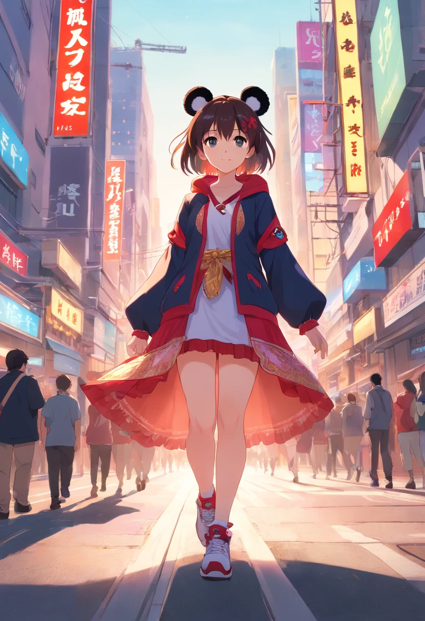 ((RAW photogr)), ((tmasterpiece)), Anthropomorphic panda dressed in elaborate women's clothing, walking on the crowd, intricately details, Complex works by Gribos, Behind the city, athletic sneakers, fit-muscled body, Muscular arms, Small head, Titan, gentle illumination, Ultra photo realsisim