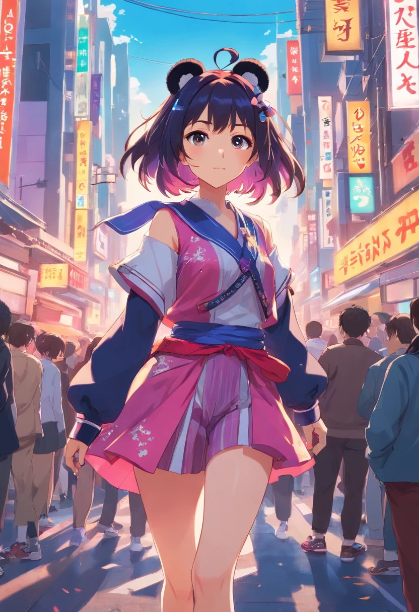 ((RAW photogr)), ((tmasterpiece)), Anthropomorphic panda dressed in elaborate women's clothing, walking on the crowd, intricately details, Complex works by Gribos, Behind the city, athletic sneakers, fit-muscled body, Muscular arms, Small head, Titan, gentle illumination, Ultra photo realsisim