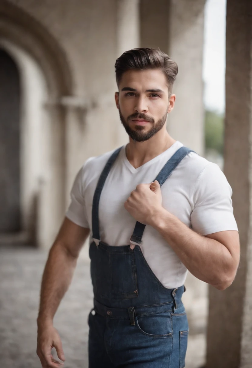 18 anos, Cabelos pretos e estilo curto dos anos 60 com brilho, Beard to make athletic body ,olhar seria, com camiseta branca, Jeans rasgados e botas pretas, Standing in a steel element superhero suit