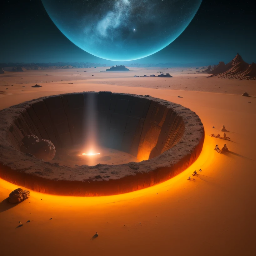 Alien base (Very detailed) In the mountainous desert,There are several exhaust fans and chimneys, Some spotlights come out of the base to illuminate dark places, (Extreme nights), Some clouds in the night sky, Some of the surrounding planets provide air to unknown planets,The farthest giant volcano is erupting