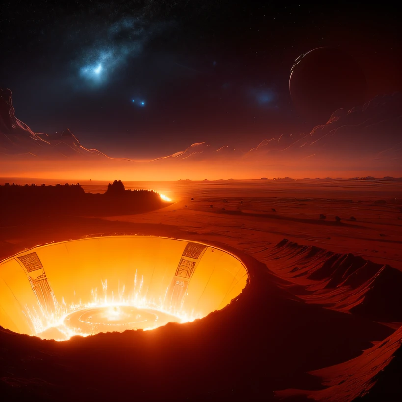 Alien base (Very detailed) In the mountainous desert，There are several exhaust fans and chimneys, Some spotlights come out of the base to illuminate dark places, (Extreme nights), Some clouds in the night sky, Some of the surrounding planets provide air to unknown planets，The farthest giant volcano is erupting