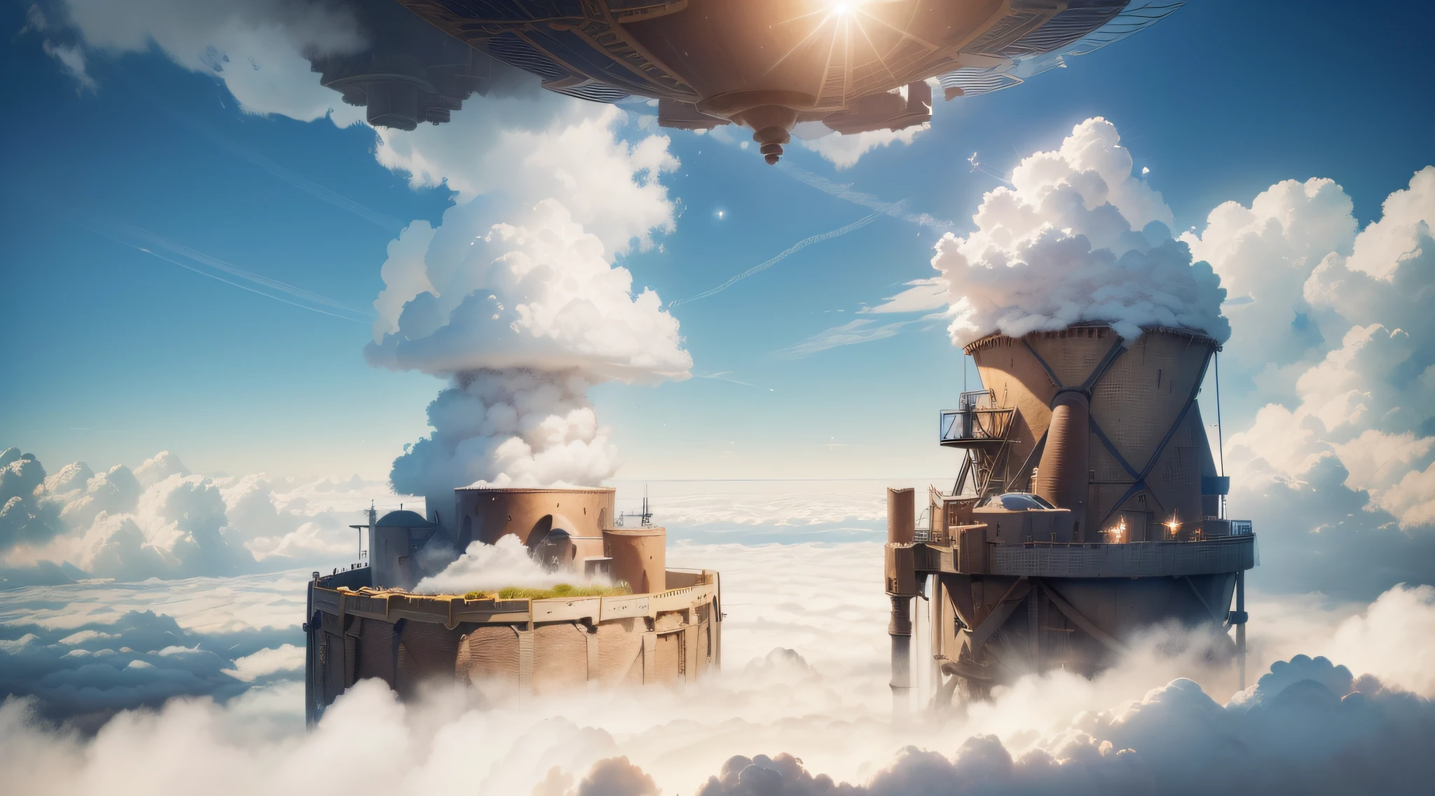 ((Voler au-dessus des nuages (Un village fabrique des nuages, ronde et flottante dans les nuages) paysage univers, planet)) master piece, A highly detailed hyperrealistic background, Mix between medieval and futuristic, Ultra-detail, super detailed, Lens Flare, Starlight, milky way, Grand Angle, grain de photo, 8k.