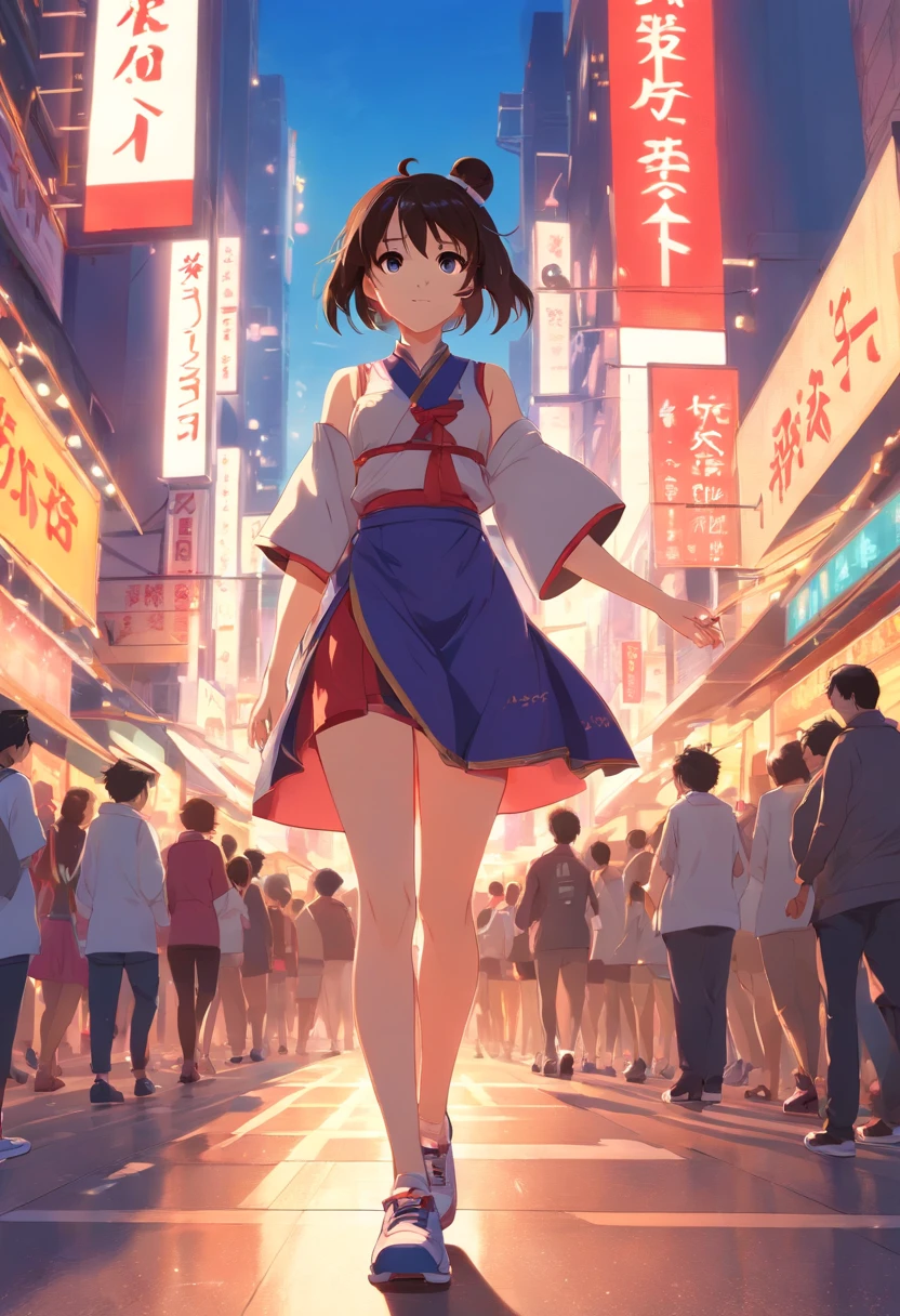 ((RAW photogr)), ((tmasterpiece)), panda dressed in elaborate women's clothing, walking on the crowd, intricately details, Intricate work by Gribors, Behind the city, athletic sneakers, fit-muscled body, Muscular arms, Small head, Titan, gentle illumination, Ultra photo realsisim