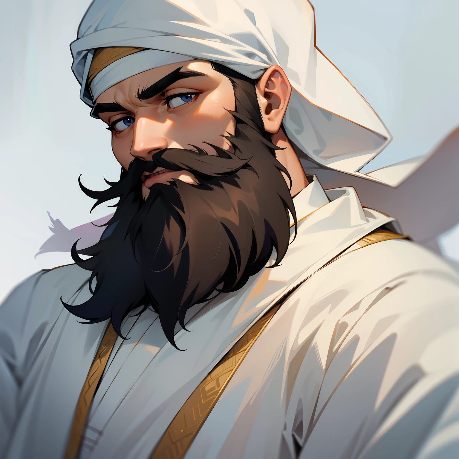 muslim man with beard in white dress looking at back, close up camera, show eyes details, screaming