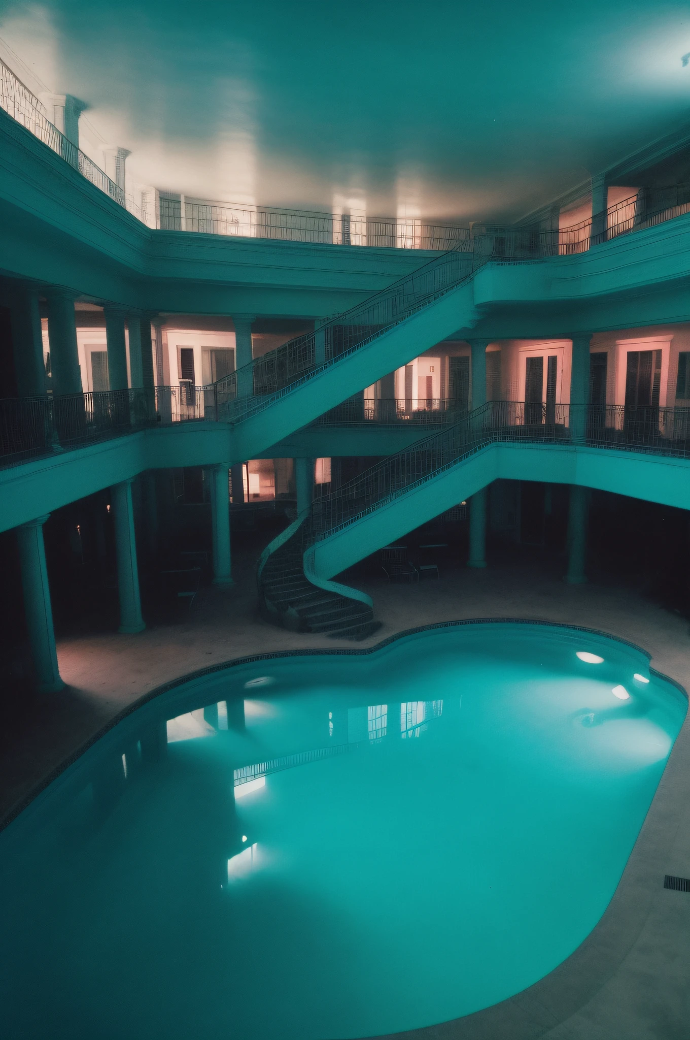 mid night、Nostalgic but unsettling photos、Images in a dream、uneasy、unmanned、There are no people、No windows、Indoor pool、Large space、spiraling staircase、reflection、、Particle、Grainy photo、Film Touch、color photograph、colourfull、horor、wide angles、wide-angle lens、