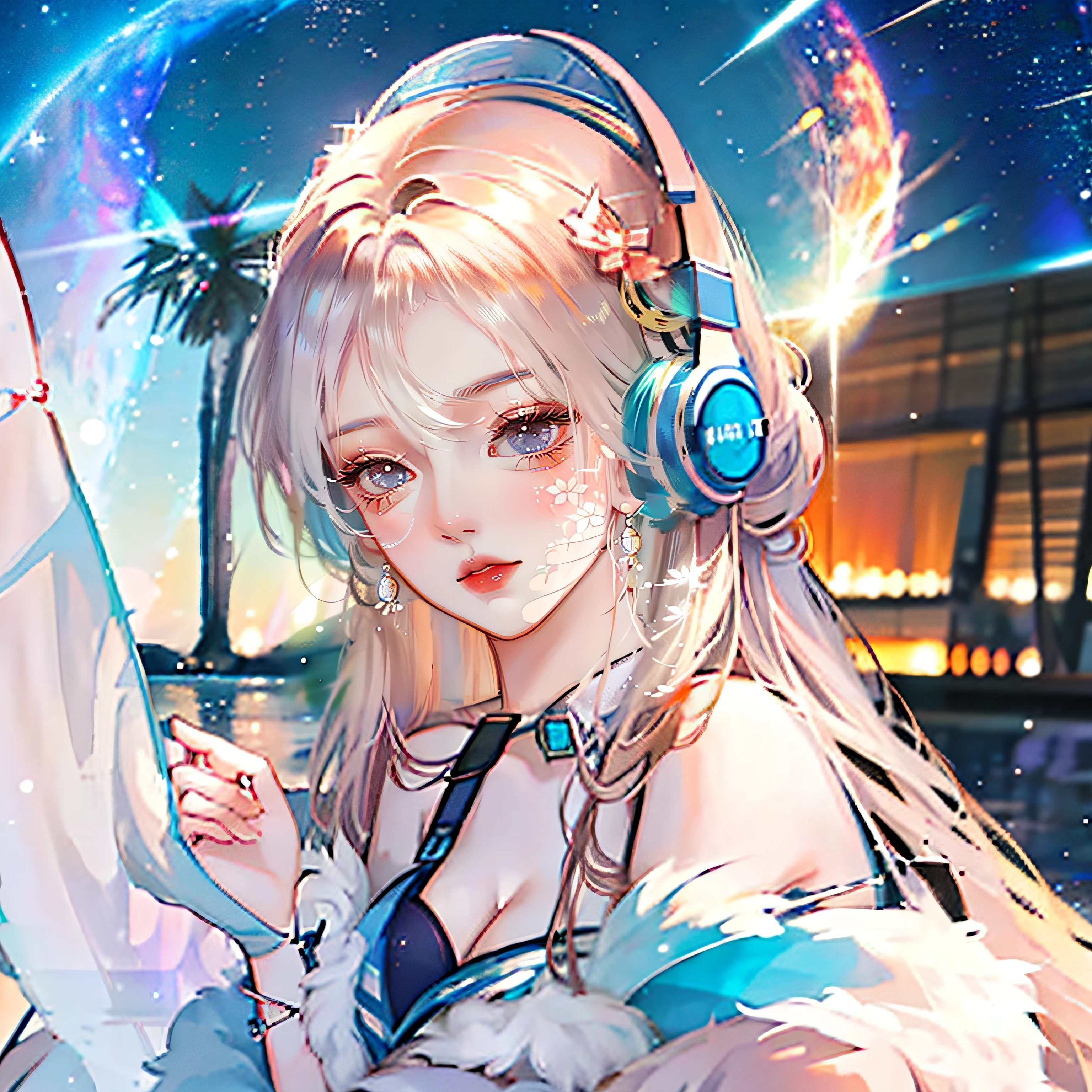 a beauty girl,((whaite hair)),((Wearing blue headphones)),mirai,sci-fy,Girl typing,anime big breast,quadratic element,starrysky,galactic