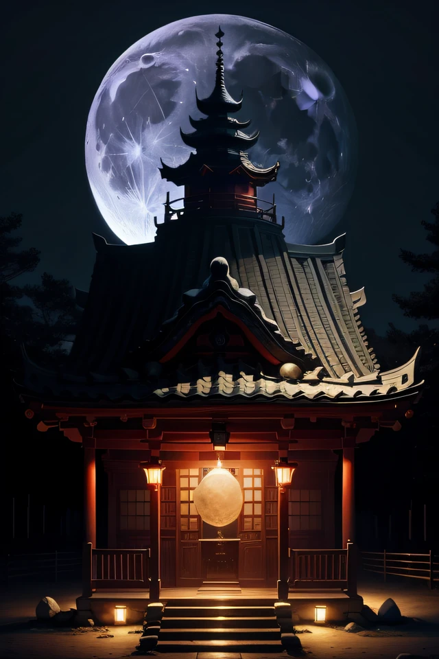 Full moon shining in the night sky、Moonlit shrine、hightquality、realistic、
