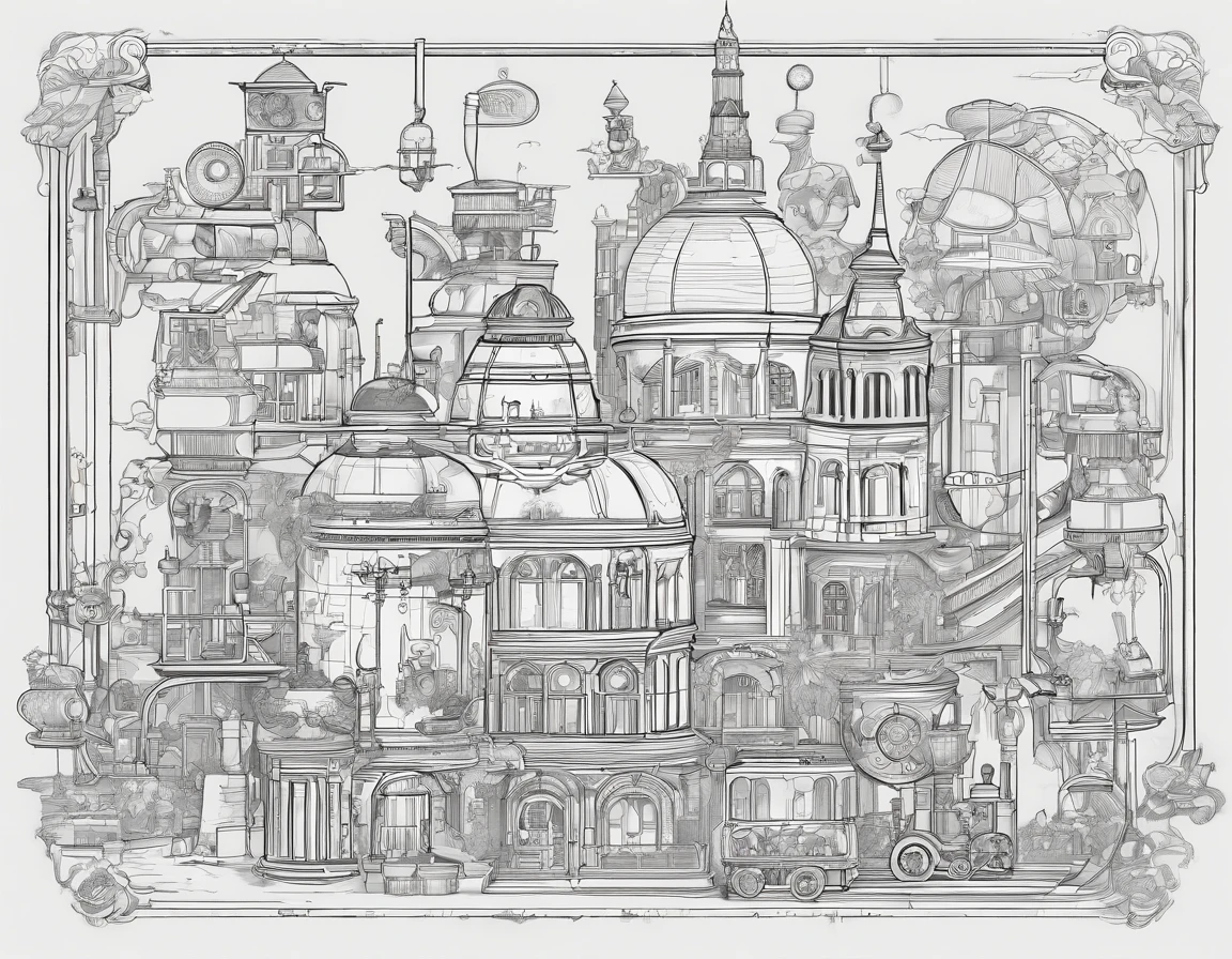 ・ The back of a small steampunk man with a touch of cartoon in the middle、Taking advantage of the margins of the screen, steampunk and other items reminiscent of a technical high school are arranged.。Make each line clear so that it is easy to clear later ・ The color is black and white grayscale.、In a cartoonish style to clarify the lines