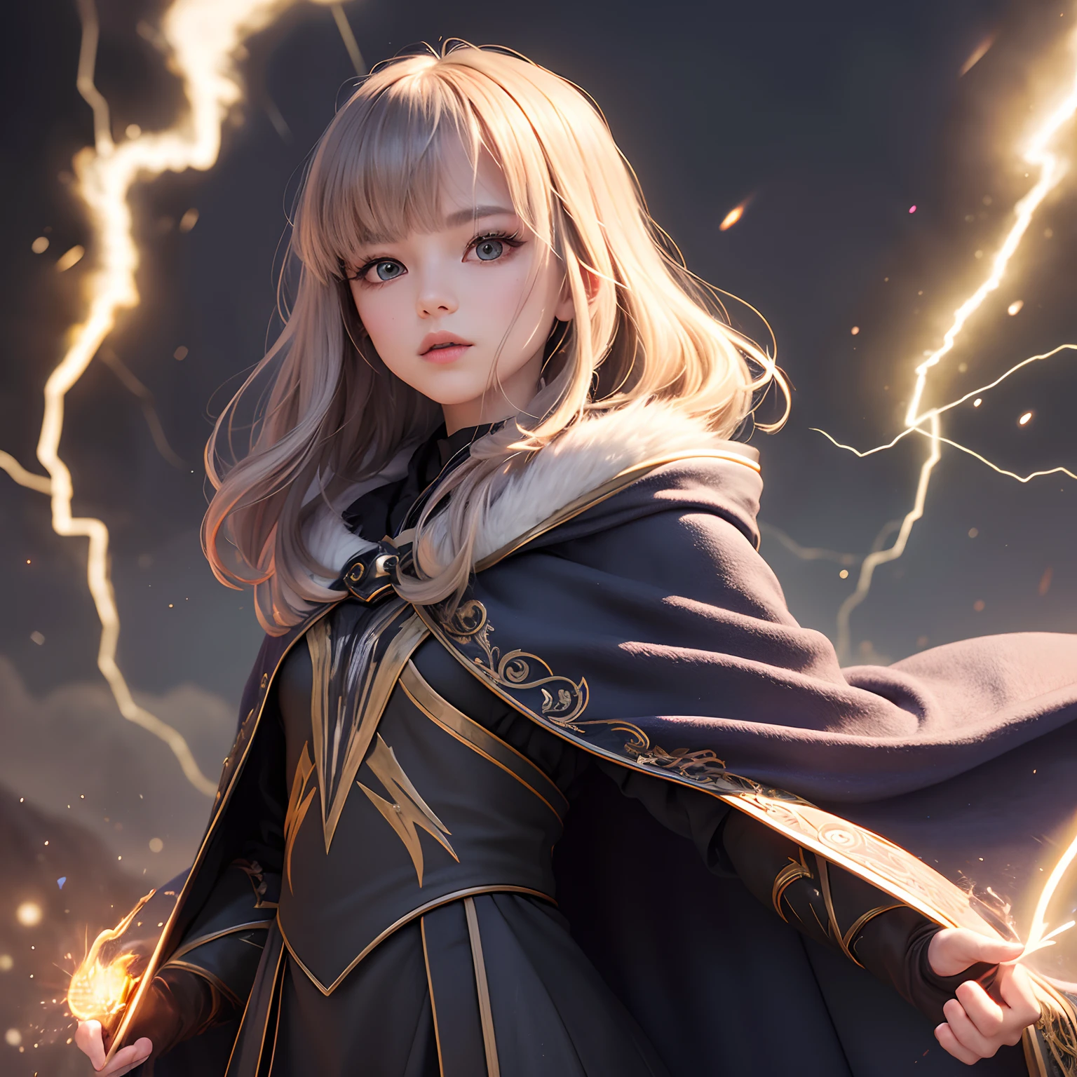 (Skindentation:1.5)、reallistic、Photorealsitic、(masuter piece:1.5)、Concept art、intricate-detail、A highly detailed、Photorealsitic、Octane Rendering、8k、Unreal Engine、Dynamic Pause、top-quality、hight resolution、(lifelike face:1.1)、 (surrealistic:1.1)、perfect eyes、(shinny skin:1.2)、(((hairstyle on)))、(((perfect hand)))、(highly detailed back ground)、((Moving background) )、((lightning))、(llight rays)、((1girl))、I'm wearing a cloak、(((flowing cloak)))、((finely eye、quality eyes、Quality face))、(extremely intricate robes、magical robe)、short-hair、lightning、electricity、swirling fire、Radiant power、spark of light、fumo、magia、((Dramatic))、epicd、battle field、depth of fields、Bokeh、4k、gotik、embers、particle