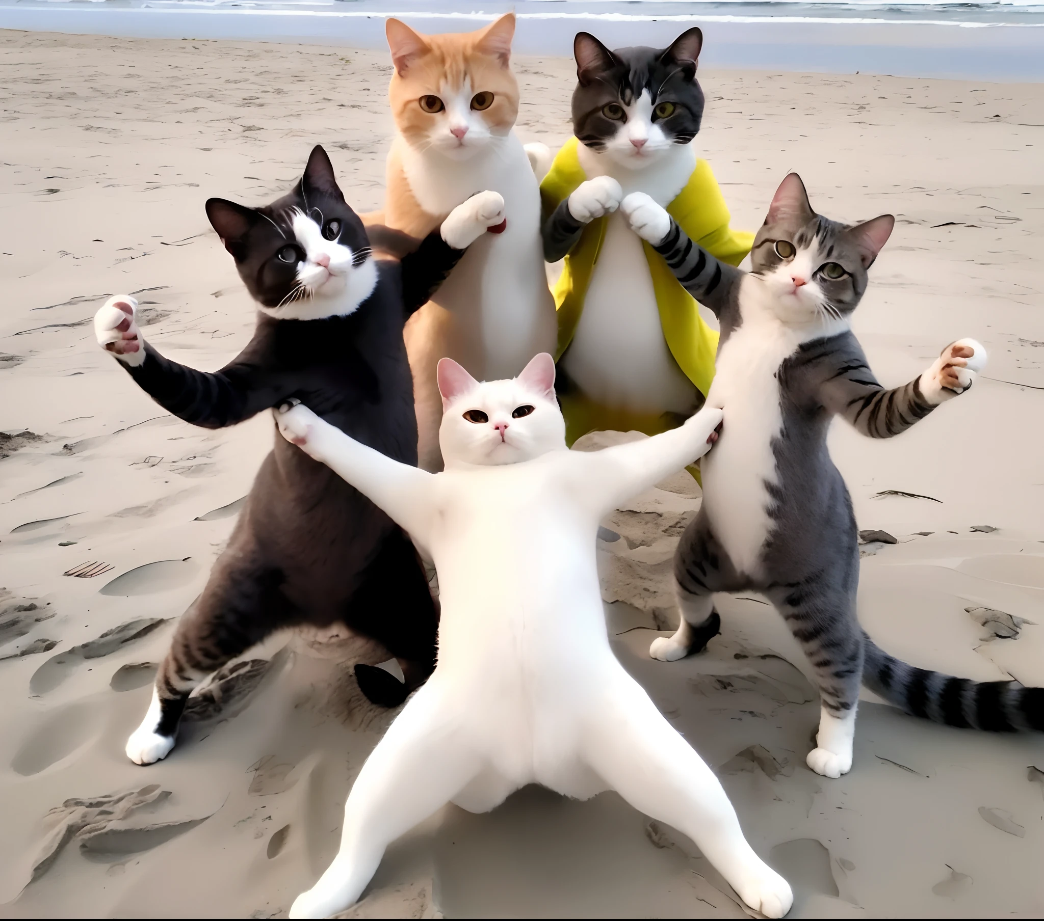 Several cats stand on the beach with their hind legs, Cats! are around, Cats, posing on the beach, cats party, Cute cats, ninja cat, meeting of the cats, Standing near the beach, very artistic poses, On a beach, cat masterpiece, catscatscats, On a sunny beach, author:Tadashi Nakayama, On the beach,Cat's eyes,Eye details