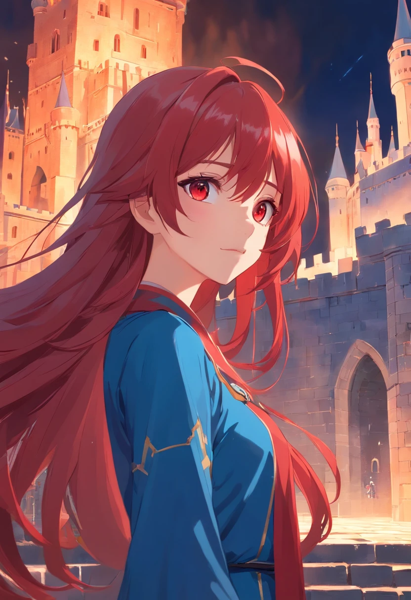 red color eyes,Red long-haired,magia,Castle fantasy,Blue clothes, Ultra photo realsisim, Castle,hair adornments