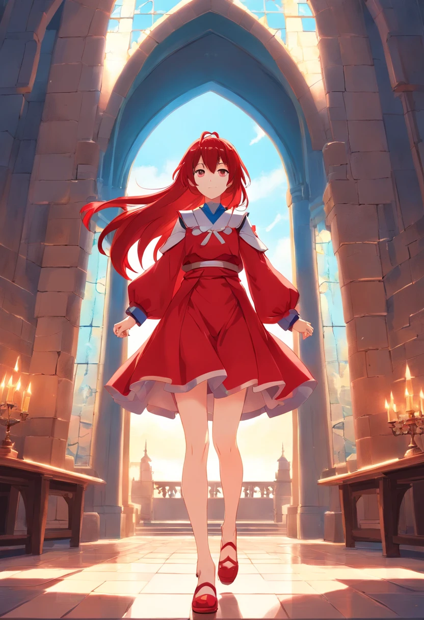 red color eyes，Red long-haired，magia，Castle fantasy，Blue clothes, Ultra photo realsisim, Castle，hair adornments