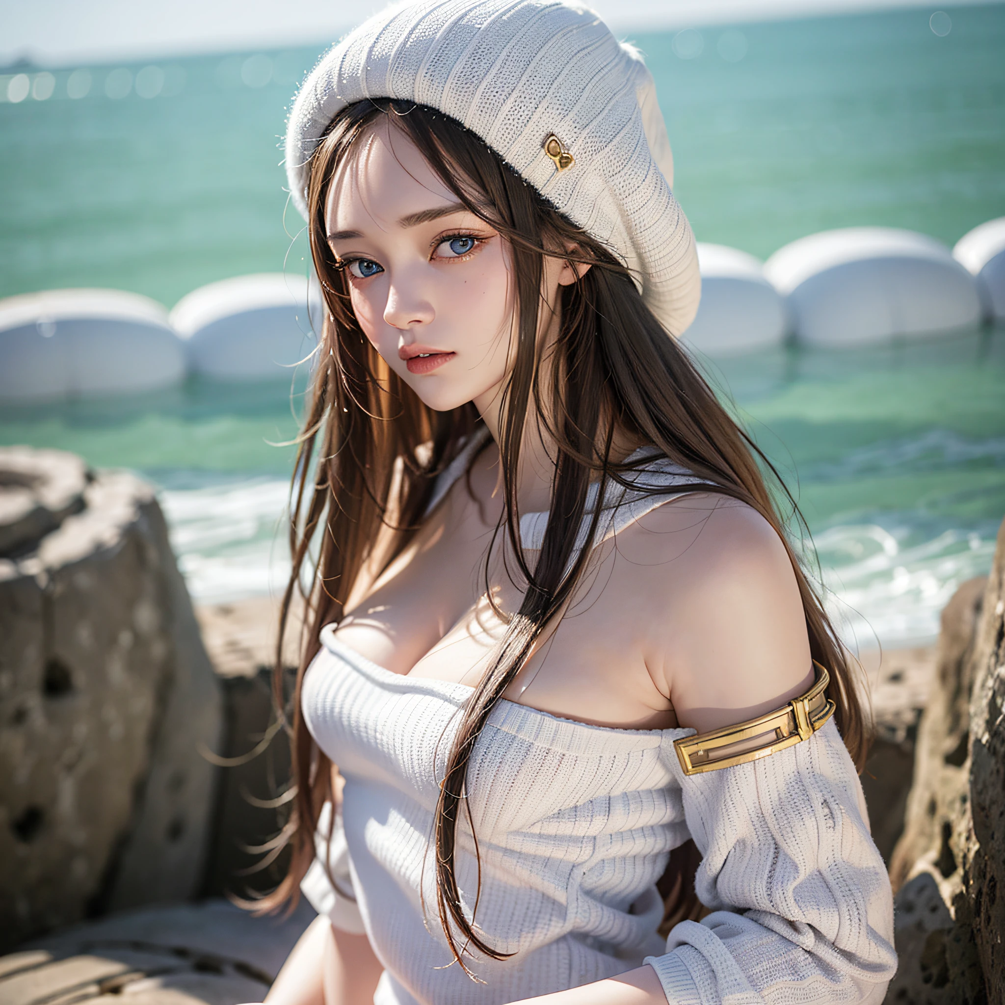 High-quality, bright, European and American girls, the lens focuses on the heroine, the heroine wears a white knitted hat, white skin and beauty, beautiful blue eyes, natural hair, the heroine looks head-up to the lens, staring into the distance.