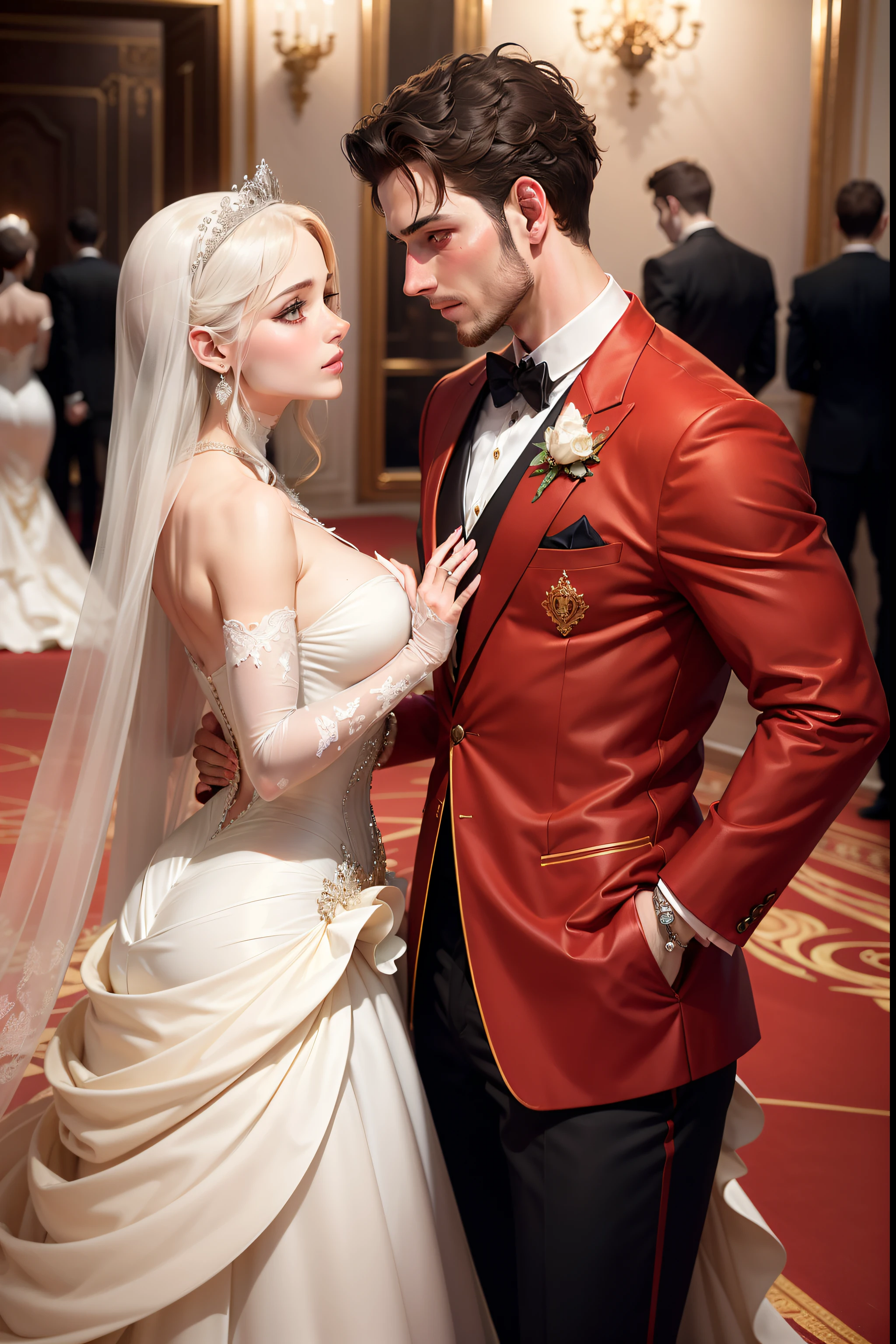 A beautiful white couple gazes ahead at the Royal Ball, waltzing gracefully, overlooking the viewers, their reflections on the marble floor. She wears a flowing red dress, and the camera captures their upper bodies and close-up faces.