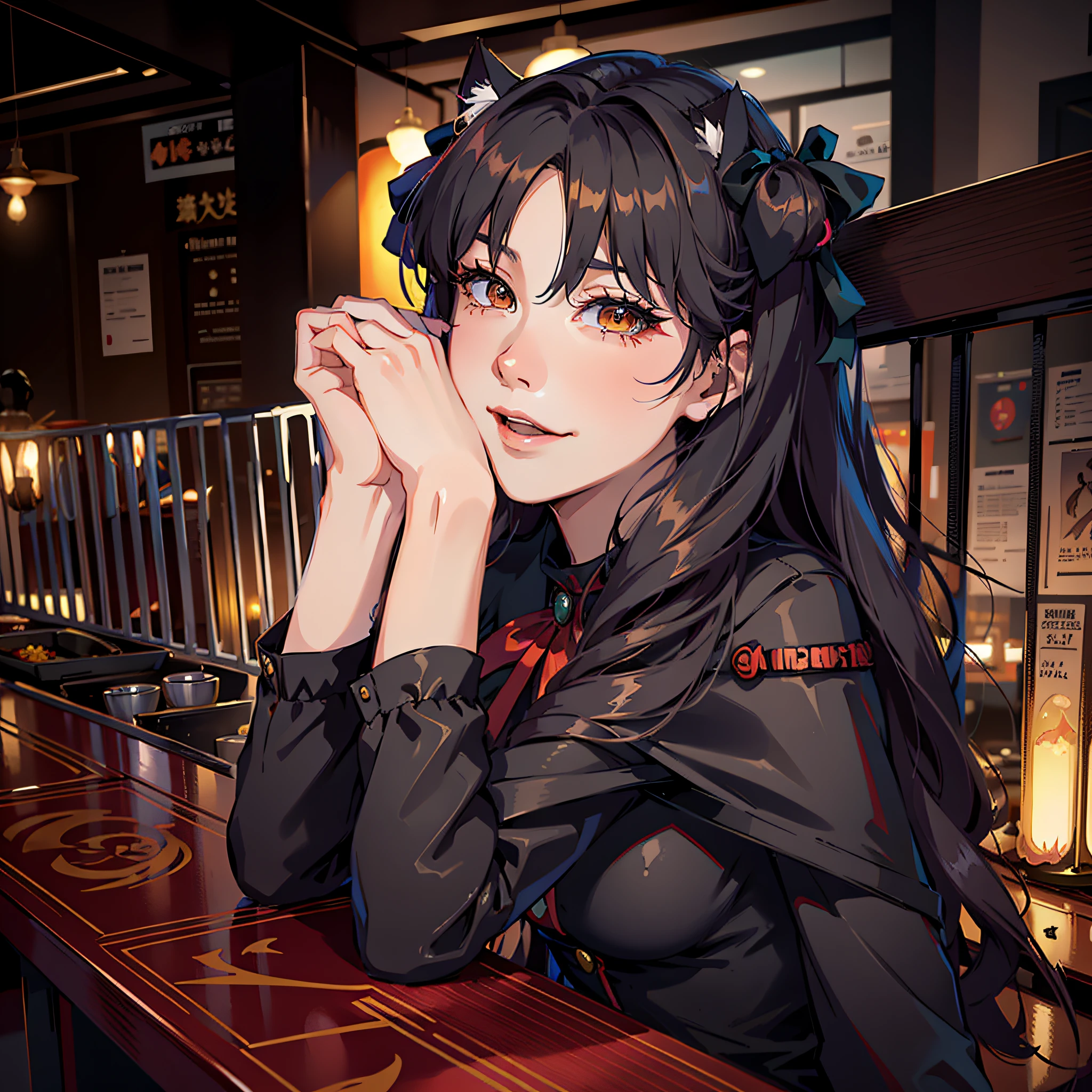 there is a woman with long hair sitting at a table, rin tohsaka, ulzzang, ruan cute vtuber, anime thai girl, ig model | artgerm, anime girl in real life, very beautiful cute catgirl, lalisa manobal, rena nounen style 3/4, anime girl cosplay, girl with cat ears