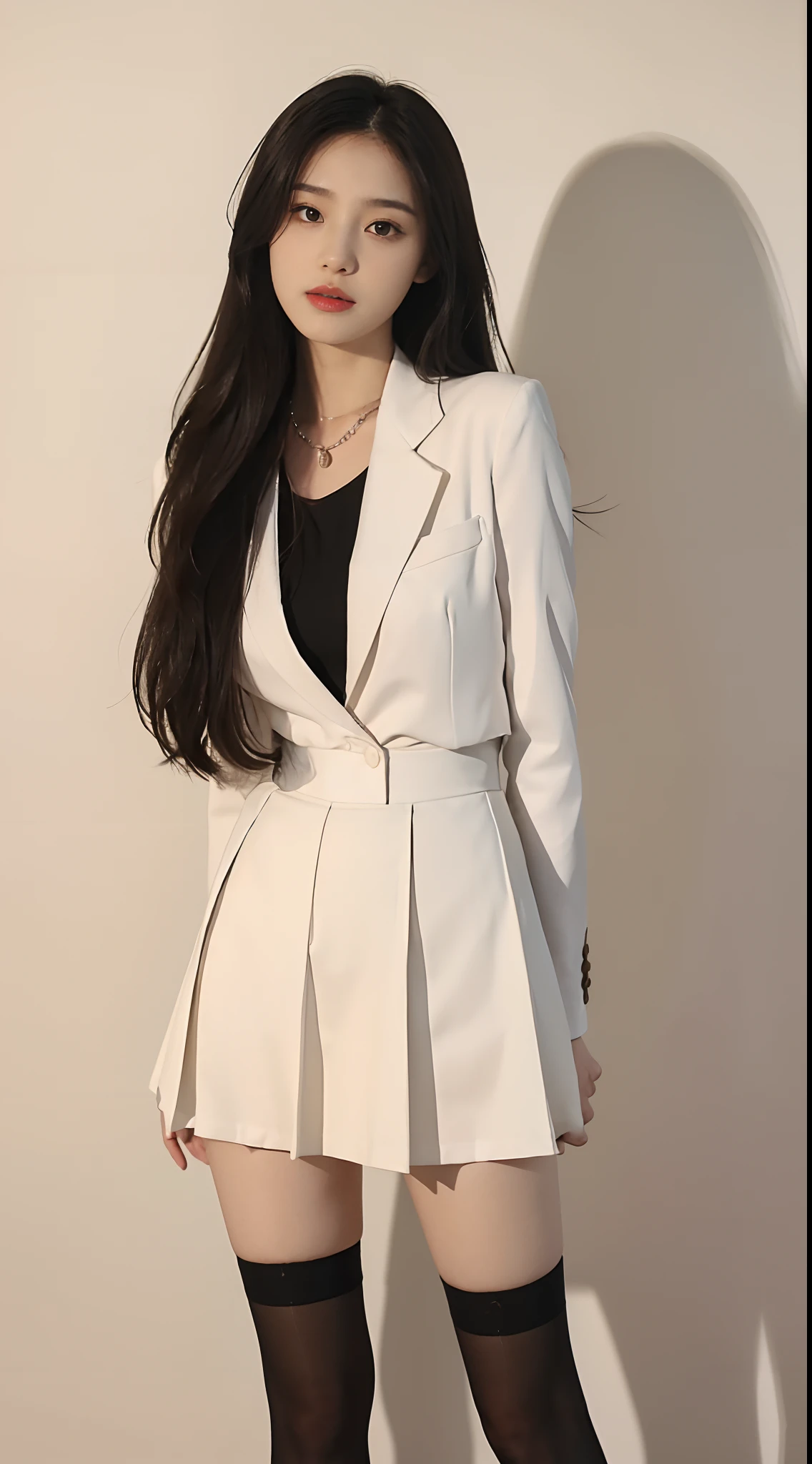 ((knee shot)), ((from below)), ((realistic)), 1girll, Outdoor scene, (standing on your feet), Pleasing posture, Eye-catching poses, Nice long legs, Detailed scenes, curlies, Air bangs, Beautiful hair accessories, Brownish-yellow hair, light make-up, Blushlush, Gloss on lips, ((black school uniform, Short white dress, Nice belt, white Heels)), (Campus style), warm lights, a warm color palette, Detailed details, ultra-detailliert, (tmasterpiece, best qualtiy), (An extremely delicate and beautiful work), Delicate earrings, Delicate necklace, Simple blurred background, Extreme detail description, Ultra-fine painting, Delicate face, slim toned body, Slimming the waist, (grin, happy grin, Baring teeth), (anatomy correct)