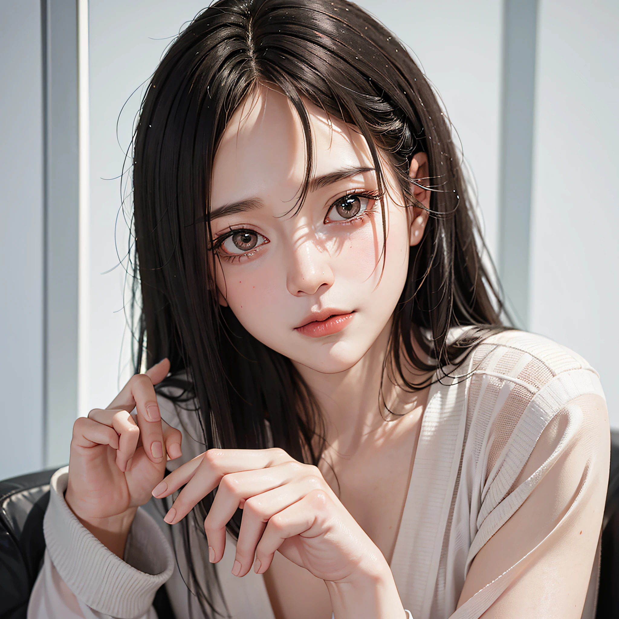 A 40-year-old middle-aged woman with distinctive wrinkles, mature beauty, black hair and black pupils