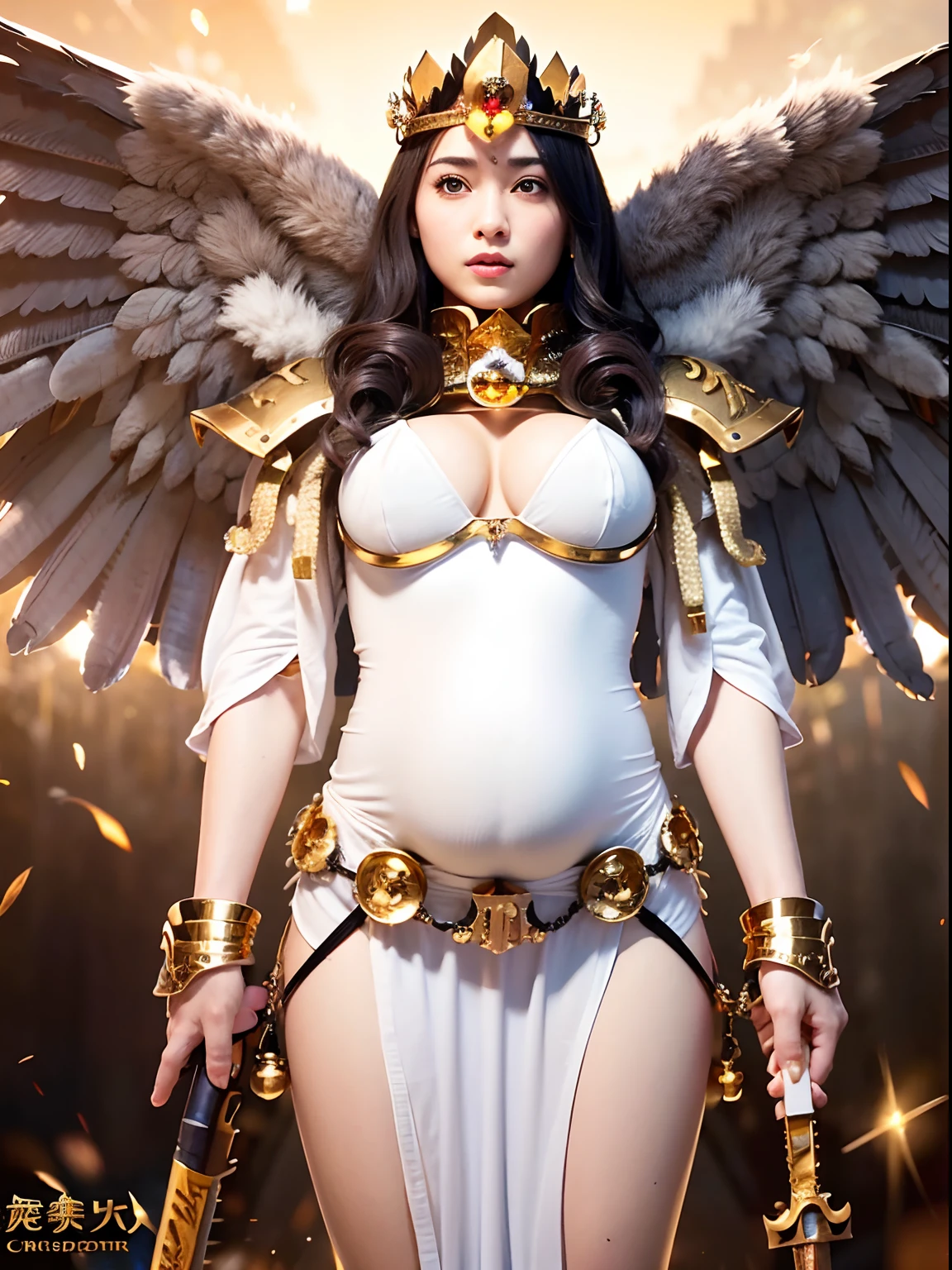 (Pregnant)、Professional , masterpiece、top-quality、photos realistic , depth of fields 、(A dark-haired) 、(Gemstone White Metal Body:1.4),(Matte White、(Angel wings grow)、Jewel Gold Weapon(Jewel Metal Body:1.4),Gorgeous metal weapons ,(( Detailed and gorgeous sword of the brave)) ,Light Effects、intense fighting、Wind-effect、magic circles、 (A dark-haired) ,warhammer 40k ,Detail and ornate jewel crown、((Micro Bikini Armor))、((Gangle's forest background))、Beautiful Caucasian beauty、1a person、dynamic ungle,(((Detailed and ornate diamond crown)))、Smaller head、A smile、Background inside the castle、Thin and beautiful female hands、cleavage of the breast、Soldier in iron armor on background、Mystical expression、Light Effects、intense fighting、Wind-effect、magic circles、With the legendary magic wand、(wings of light)、Toostock、Anatomically correct body、