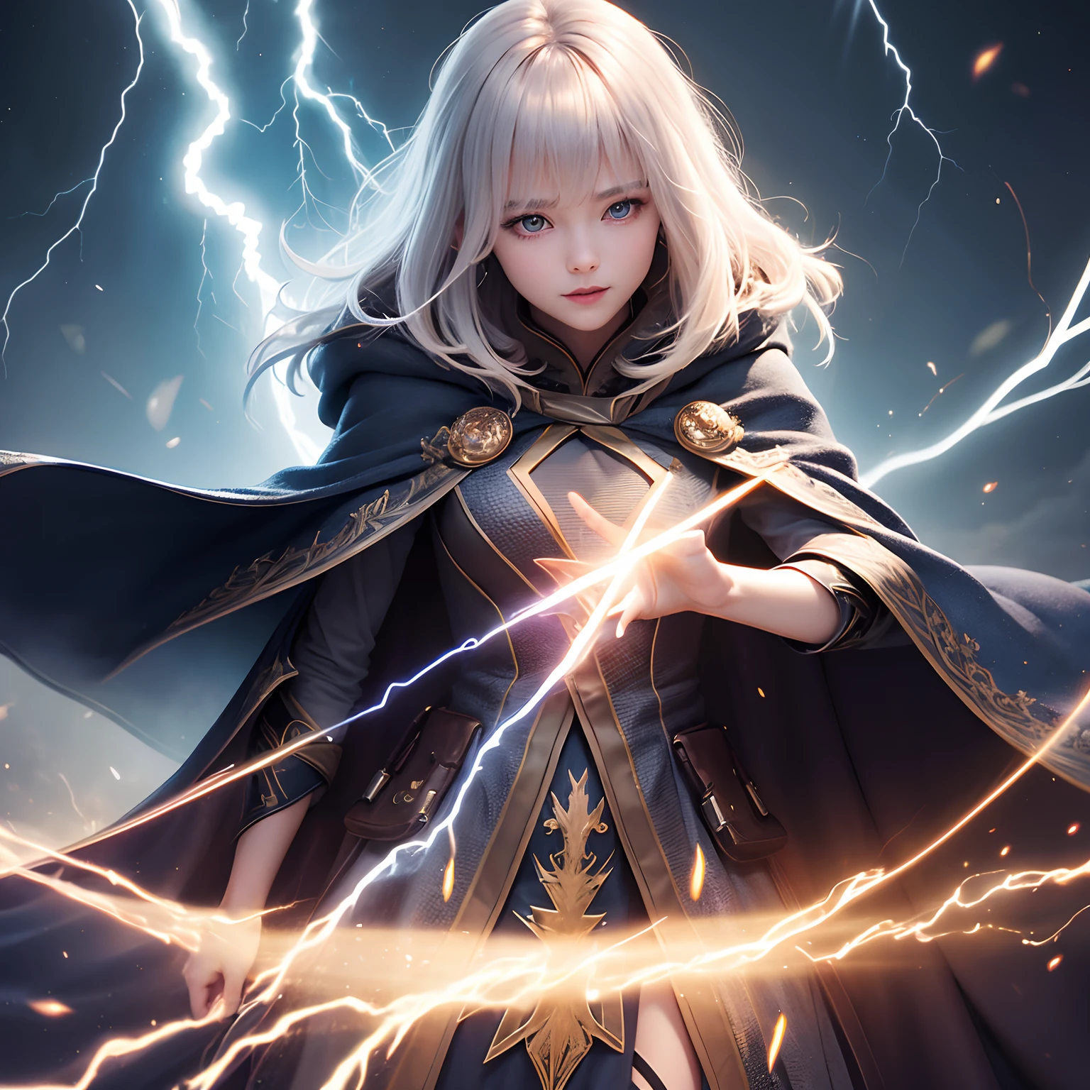 (Skindentation:1.5)、reallistic、Photorealsitic、(masuter piece:1.5)、Concept art、intricate-detail、A highly detailed、Photorealsitic、Octane Rendering、8k、Unreal Engine、Dynamic Pause、top-quality、hight resolution、(lifelike face:1.1)、 (surrealistic:1.1)、perfect eyes、(shinny skin:1.2)、(((hairstyle on)))、(((perfect hand)))、(highly detailed back ground)、((Moving background) )、((lightning))、(llight rays)、((1girl))、I'm wearing a cloak、(((flowing cloak)))、((finely eye、quality eyes、Quality face))、(extremely intricate robes、magical robe)、short-hair、lightning、electricity、swirling fire、Radiant power、spark of light、fumo、magia、((Dramatic))、epicd、battle field、depth of fields、Bokeh、4k、gotik、embers、particle