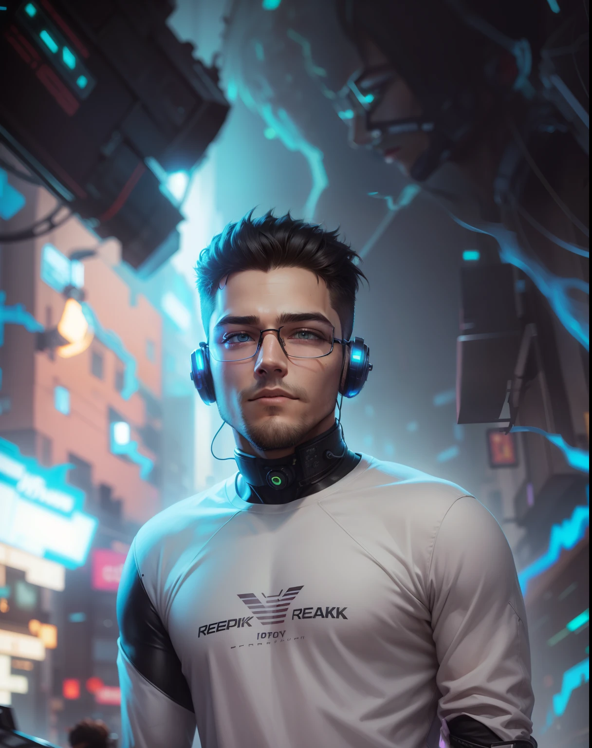 Cyberpunk, handsome boy, realistic face,cyberpunk glasses headphones