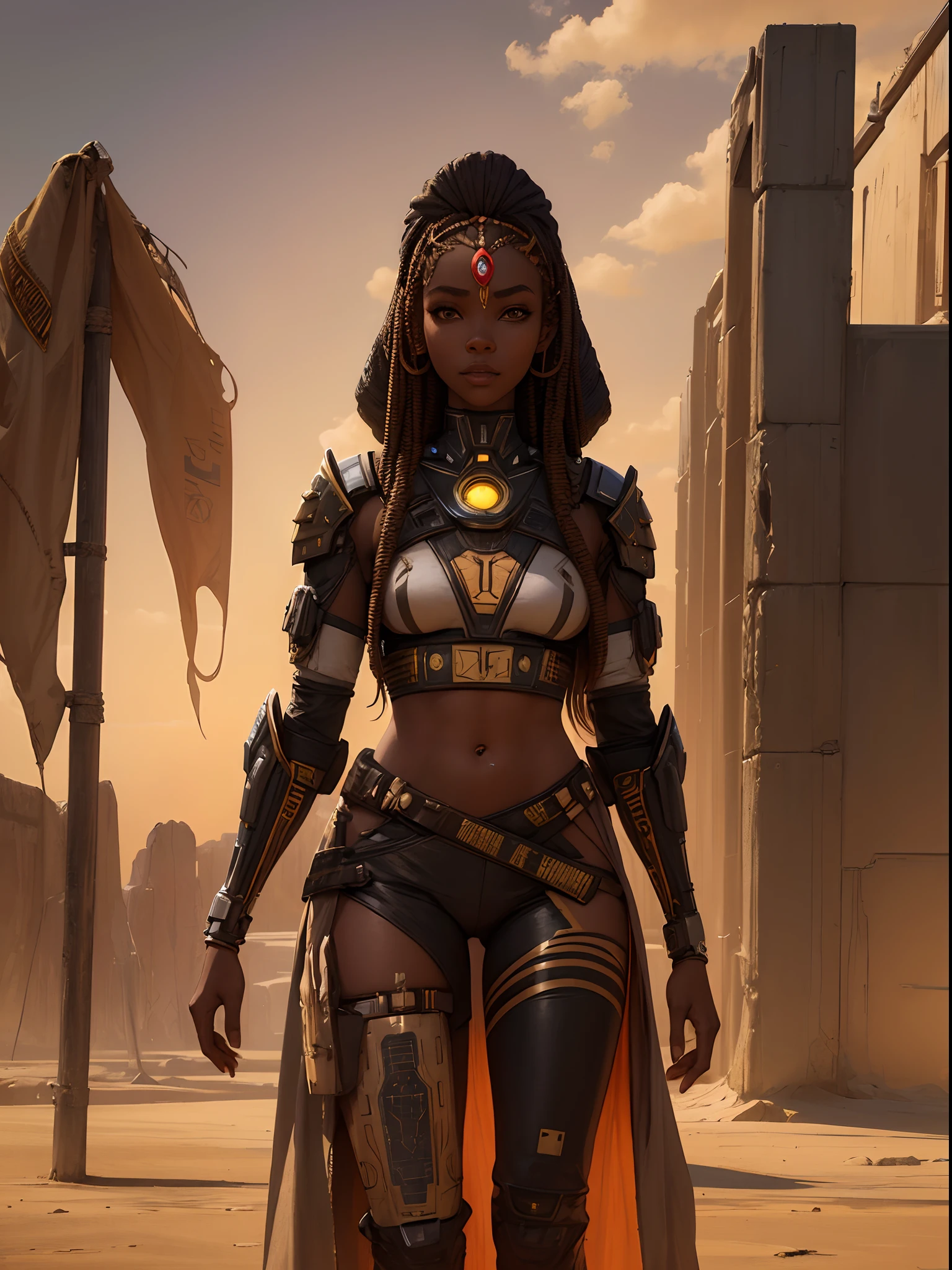 Woman in costume standing in desert, Future Iwaba Young Woman, Beautiful futuristic himba woman, Futuristic Himba age girl, African Woman Android, Beautiful Women of Warframe, Trending in art stations, African Cyberpunk Wizard, karol bak uhd, beautiful full-body concept art, epic sci-fi character art, rossdraws | afro futurism