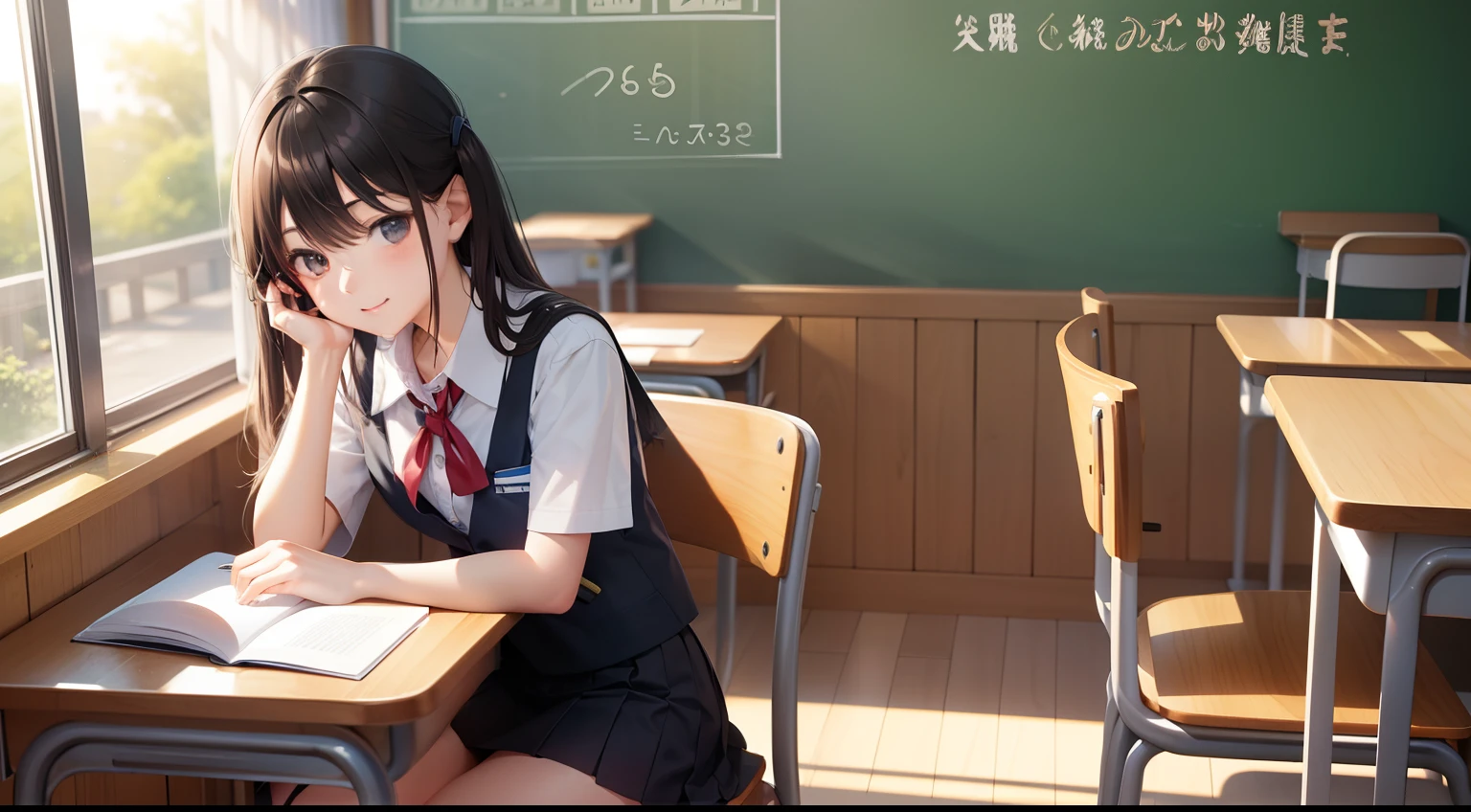 Anime girl sitting at a desk with a book in front of her - SeaArt AI