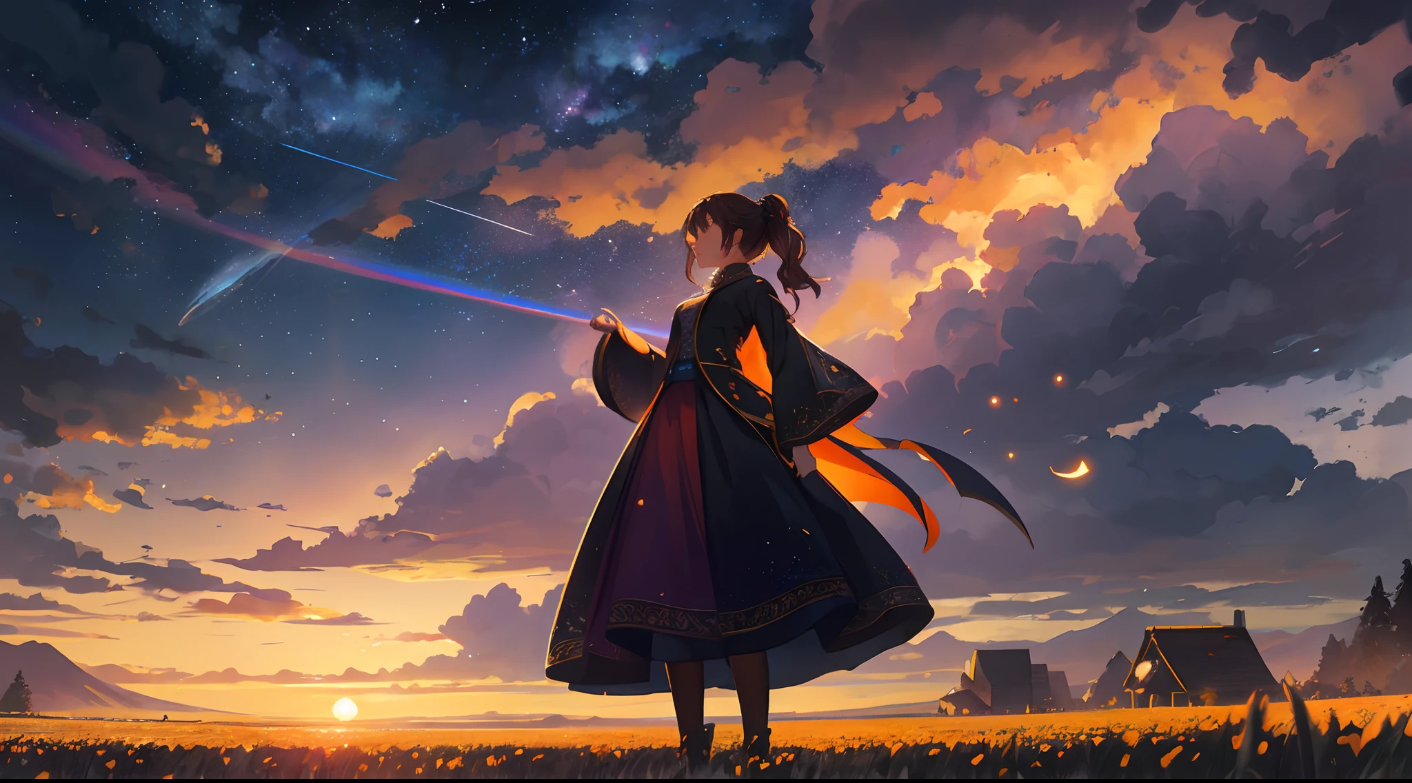A wide landscape photo, (viewed from below, the sky is above, and the open field is below), a girl standing on a flower field looking up, (full moon: 1.2), (meteor: 0.9), (nebula: 1.3), distant mountains , Trees BREAK Crafting Art, (Warm Light: 1.2), (Firefly: 1.2), Lights, Lots of Purple and Orange, Intricate Details, Volumetric Lighting BREAK (Masterpiece: 1.2), (Best Quality), 4k, Ultra Detailed, (Dynamic Composition: 1.4), Rich in Detail and Color, (Rainbow Color: 1.2), (Glow, Atmospheric Lighting), Dreamy, Magical, (Solo: 1.2)