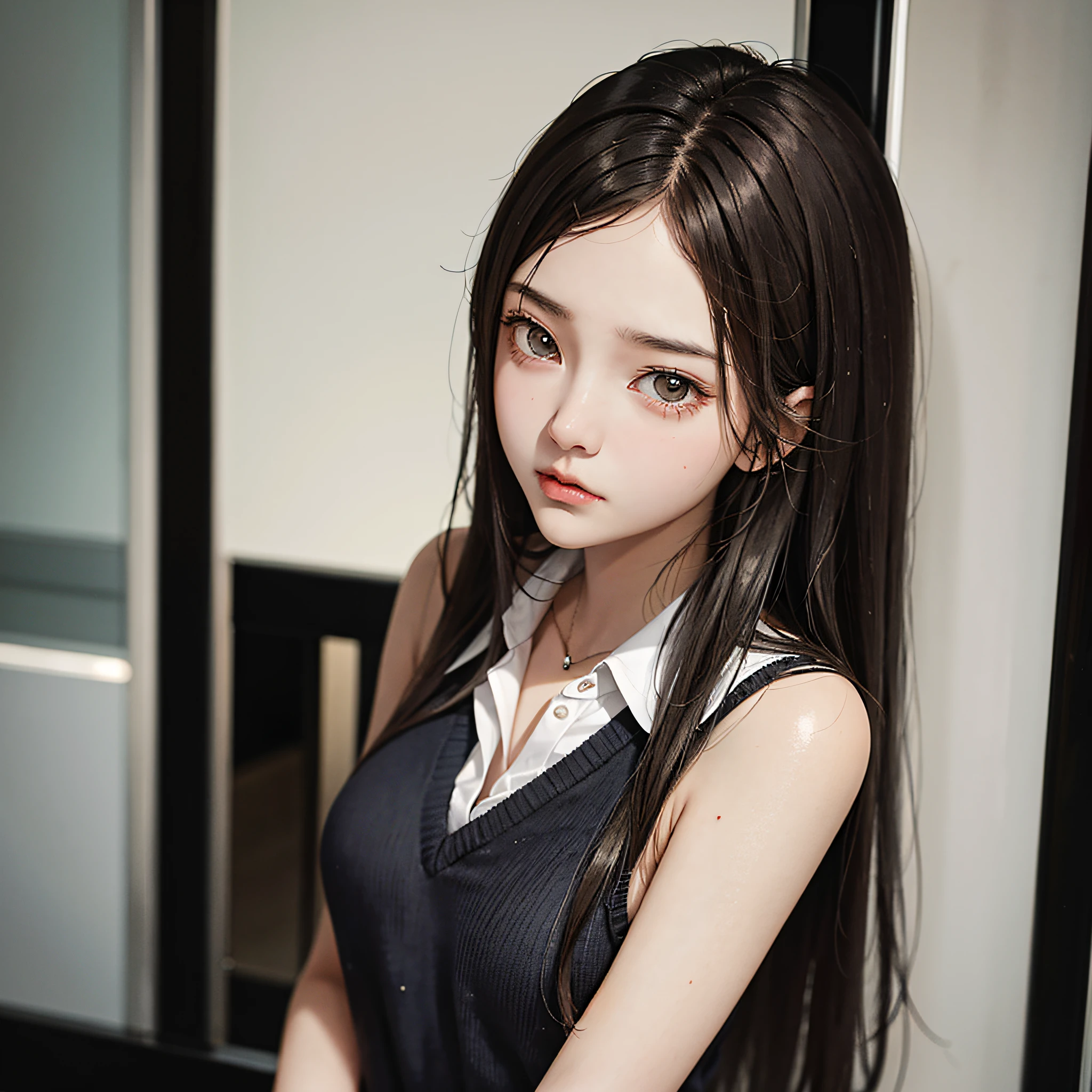 High-value high school girl, thin body, brown pupils, black hair, sad face, school life is lonely and boring.