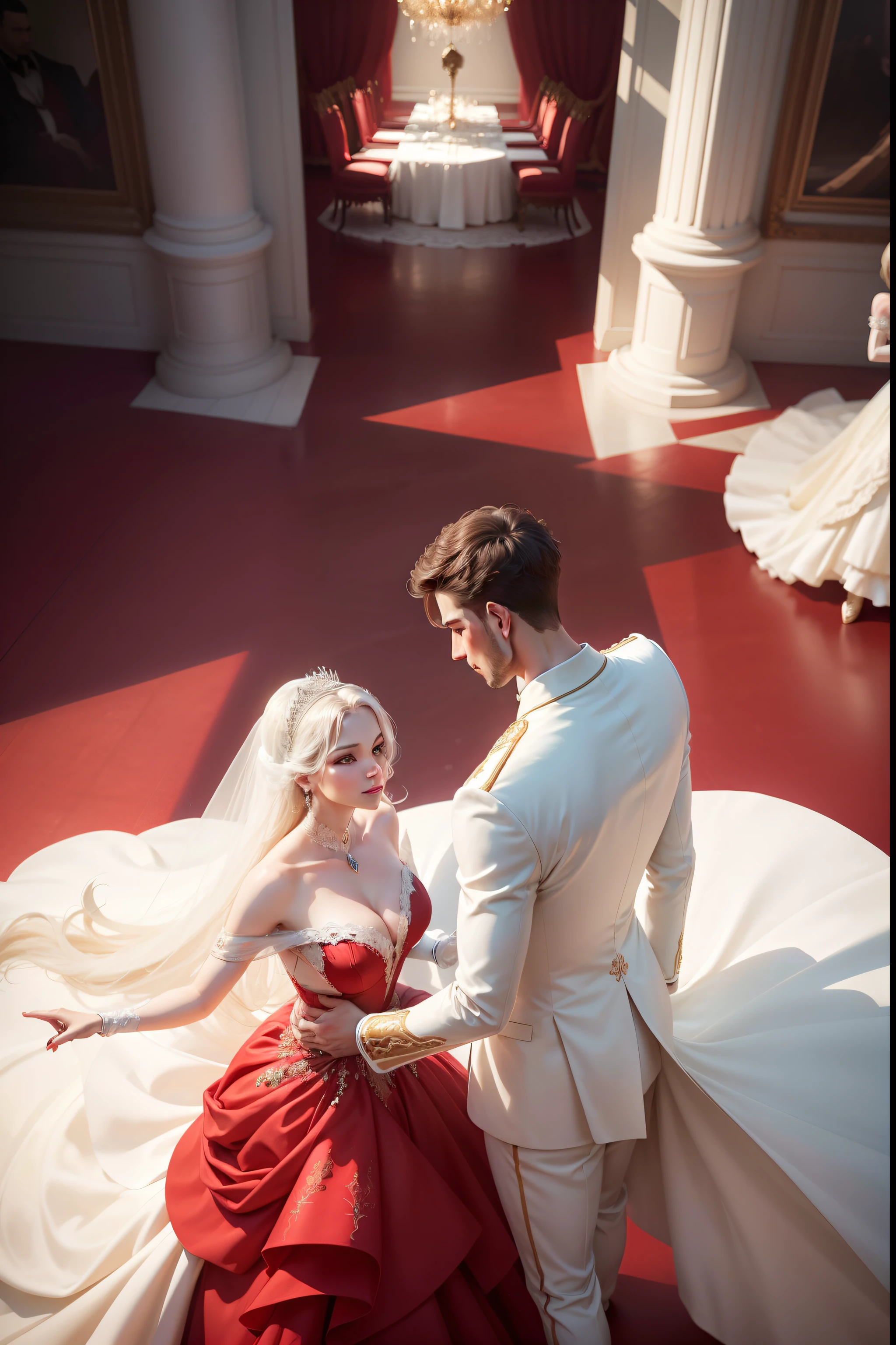 A beautiful white couple gazes ahead at the Royal Ball, waltzing gracefully, overlooking the viewers, their reflections on the marble floor. She wears a flowing red dress, and the camera captures their upper bodies and close-up faces.