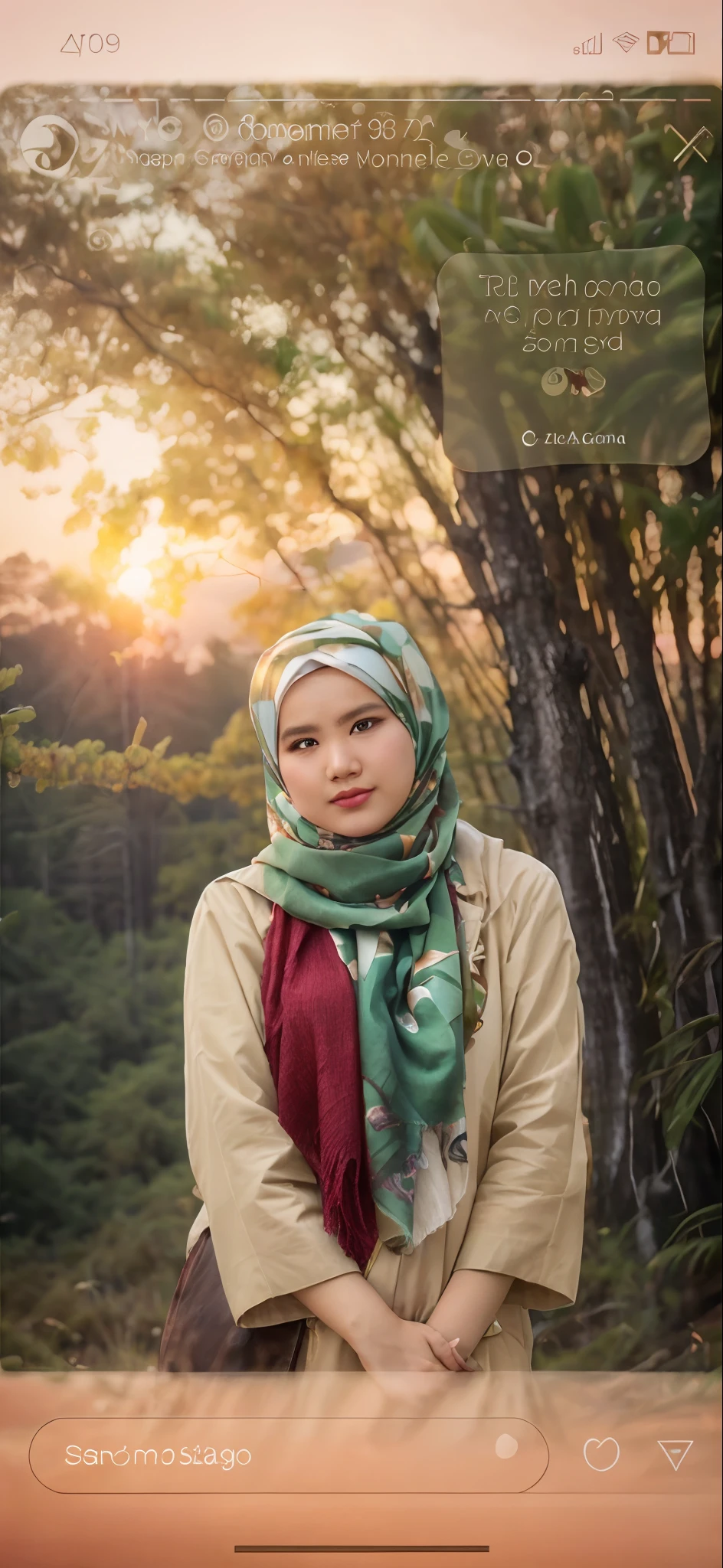 a close up of a person wearing a scarf and a scarf, in front of a forest background, during sunset, inspired by Mym Tuma, inspired by JoWOnder, with sunset, inspired by Nazmi Ziya Guran, inspired by Yosa Buson, with apple, background is heavenly, portait photo profile picture, in a scenic background, hijab